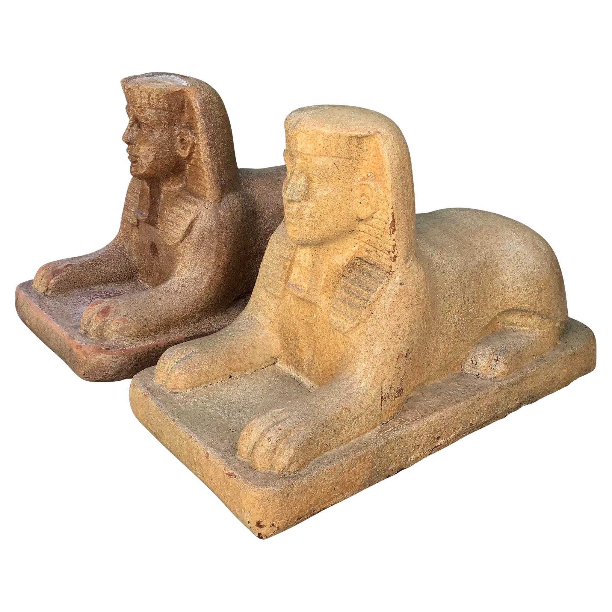 Sphinx Glazed Terra Cotta Statues, a Pair