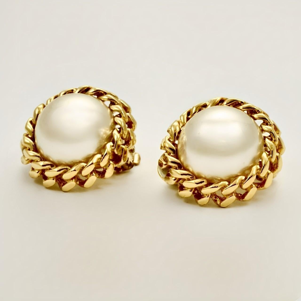 Sphinx Gold Plated and Faux Pearl Clip On Earrings circa 1980s For Sale 1