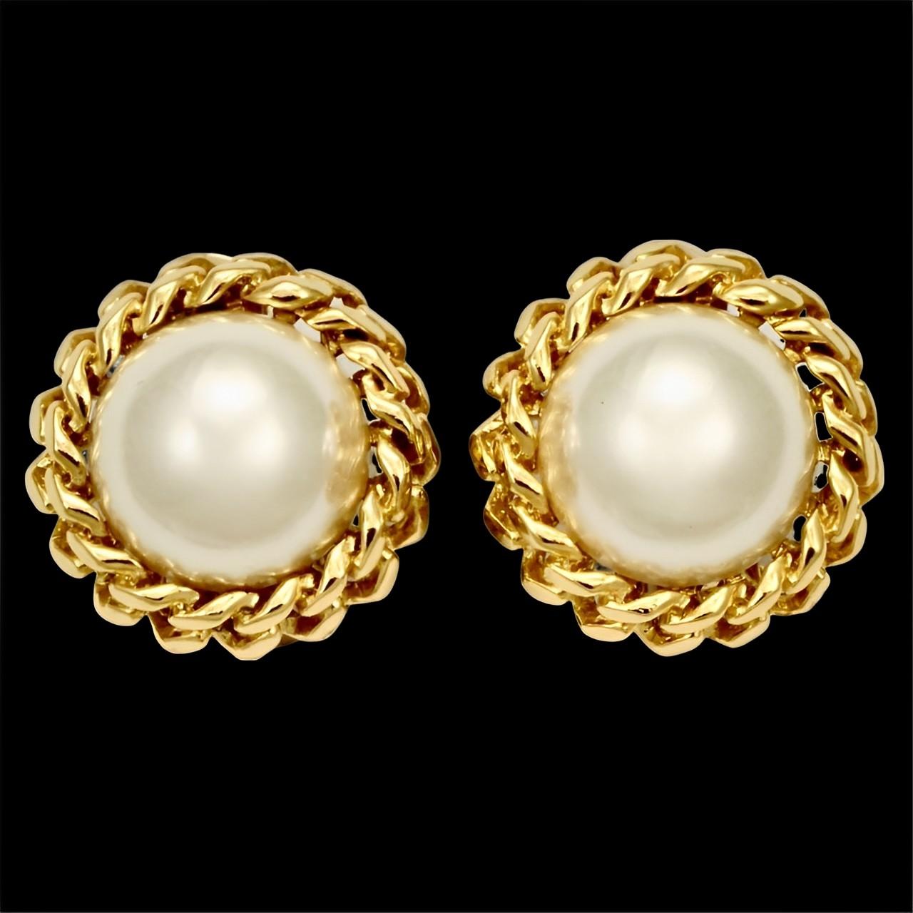 Sphinx Gold Plated and Faux Pearl Clip On Earrings circa 1980s For Sale 3