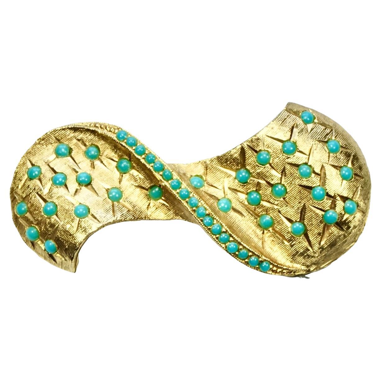 Sphinx Gold Plated and Turquoise Glass Abstract Bow Brooch