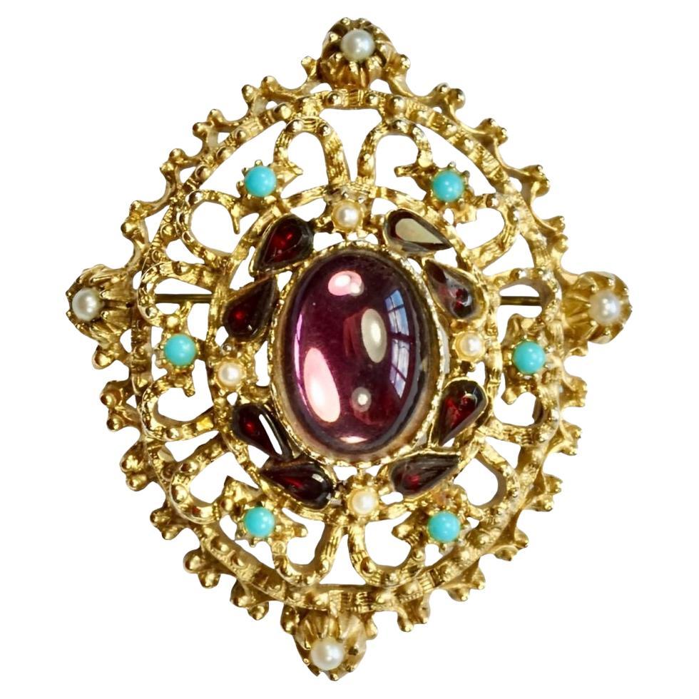 Sphinx Gold Plated Renaissance Style Brooch with Faux Gemstones