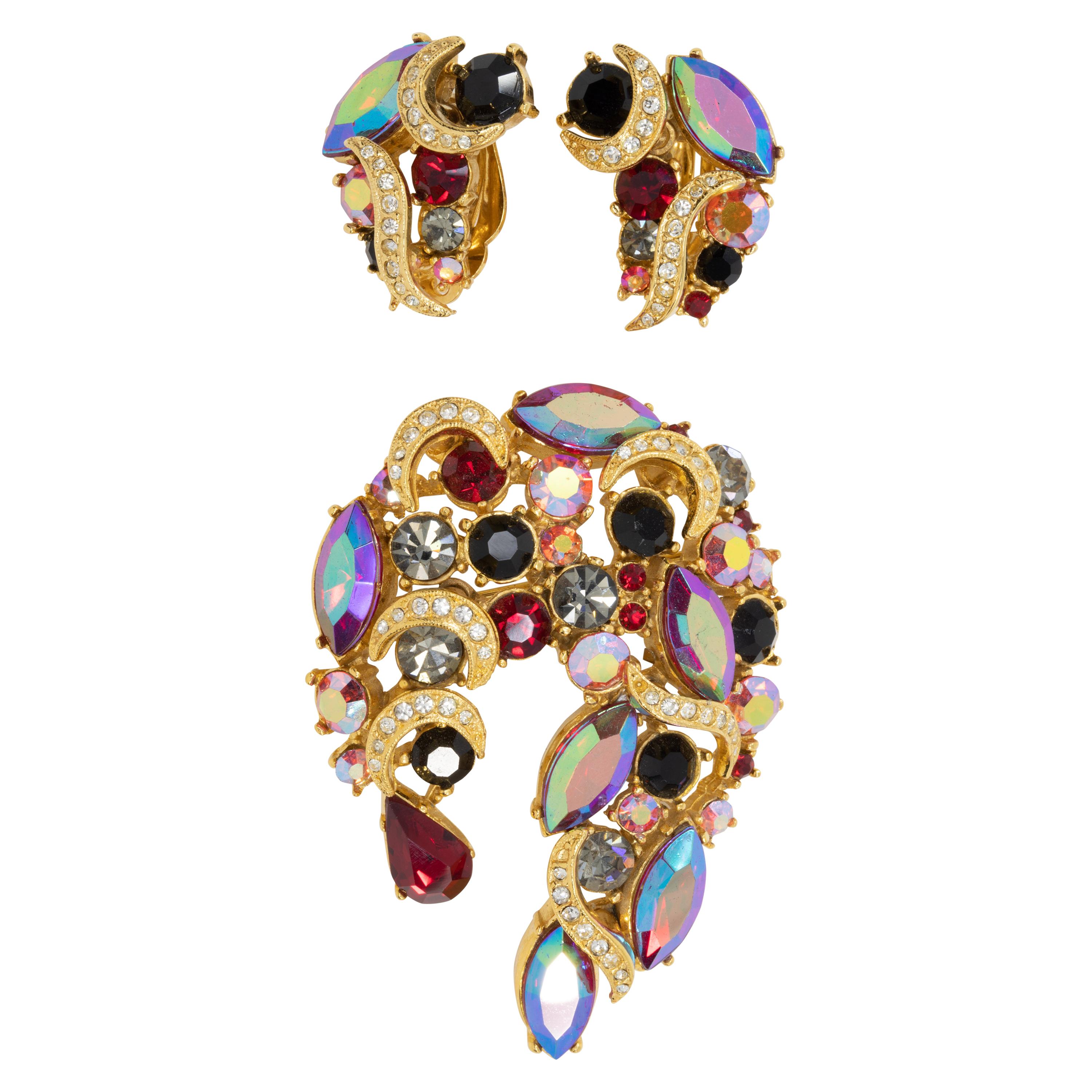 Sphinx - Broche et boucles d'oreilles à clip en cristal rouge Aurora Borealis Golden Siam