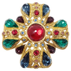 Vintage Sphinx Gripoix Jeweled Maltese Cross Pin Brooch in Gold, 20th Century