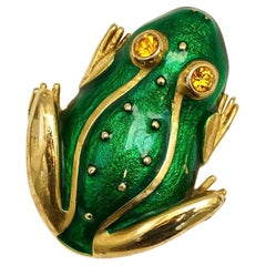 Sphinx Large Gold Plated Green Enamel Frog Brooch with Golden Crystal Eyes