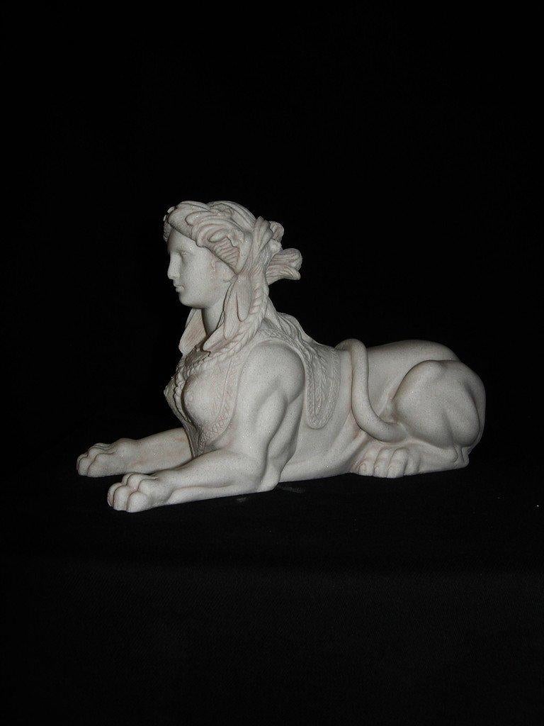 A gorgeous Sphinx marble bust, 20th century.
The French Sphinx, after the antique, Chatsworth House.

In European decorative art, the sculptured sphinx enjoyed a major revival during the Renaissance. 

Later, the sphinx`s image, something very