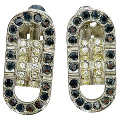SPHINX vintage signed silver tone rhinestones art deco designer clip on earrings