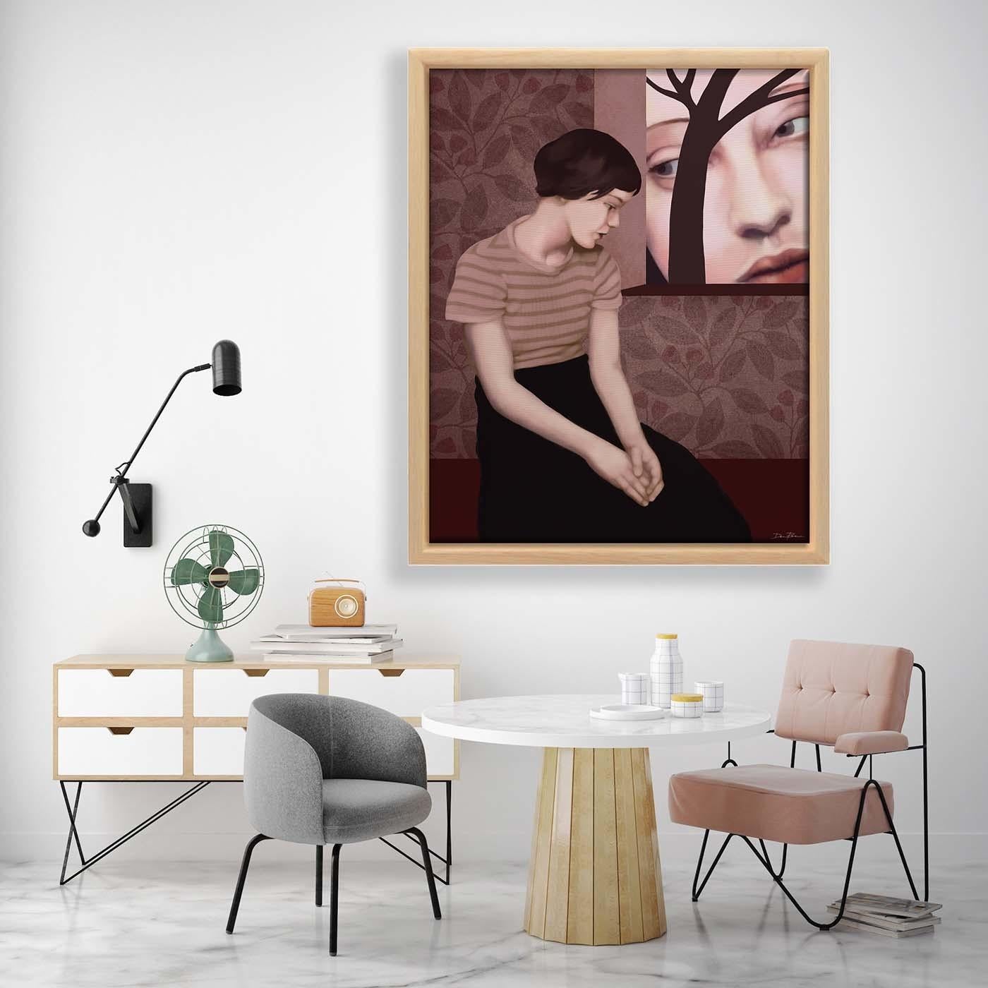Spying inside represents a room with a view. The decorated walls, detached from the dark floor, symbolize the past. The woman looks in through a window and sees herself with a low gaze that scrutinizes the pain of memories. This fine cotton
