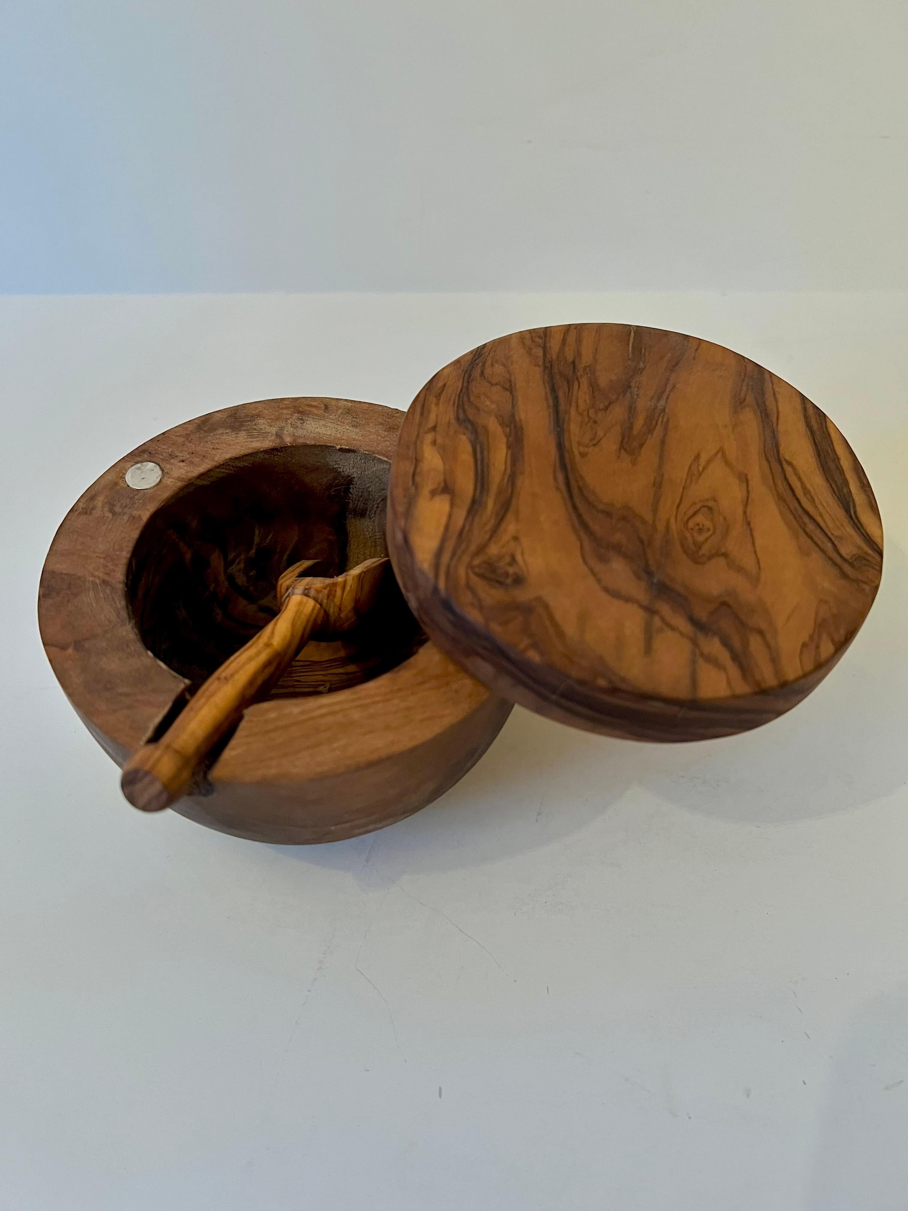 Rustic Spice or Salt Cellar with Spoon and Attached Sliding Lid For Sale