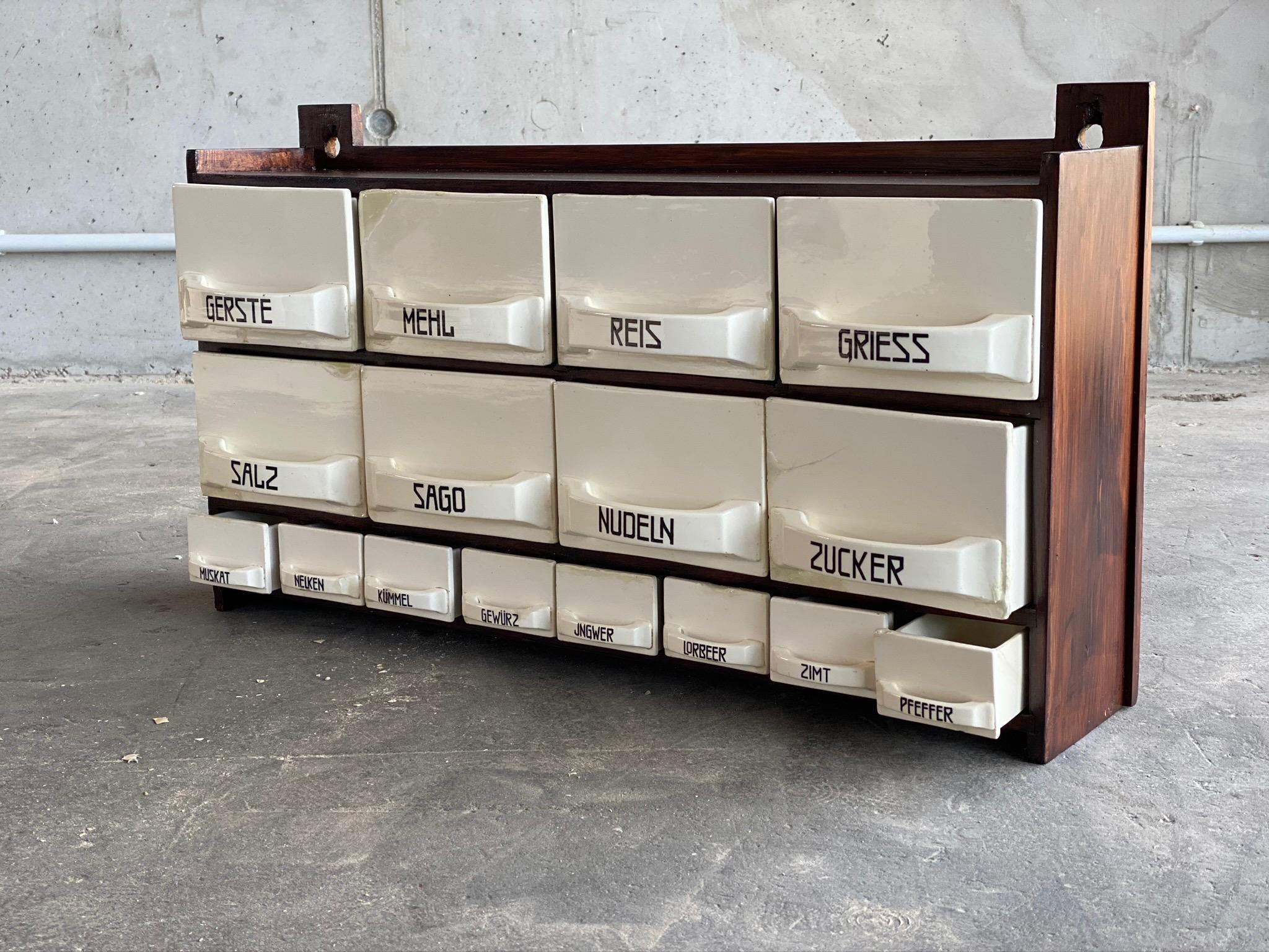Art Nouveau Spice Rack with Ceramic Chutes, circa 1900
