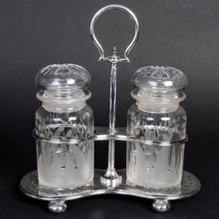 Spice Set in Silver Plated Metal and Crystal, 19th Century.