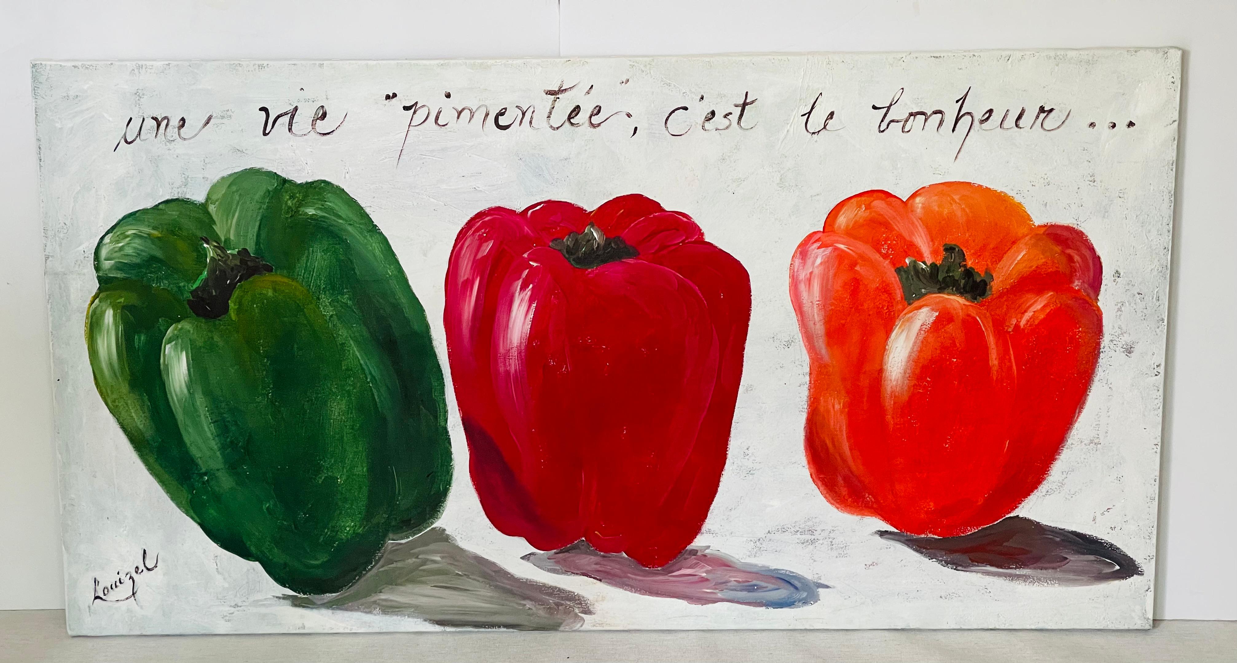 Spectaculaire peinture acrylique sur toile signée Spicy Life Delicious signée en bas à droite et portant une inscription en français.