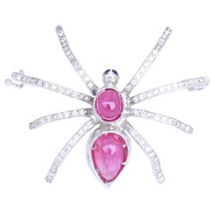 Vintage Spider 2 Ct Ruby Diamonds Pin Brooch 18K White Gold