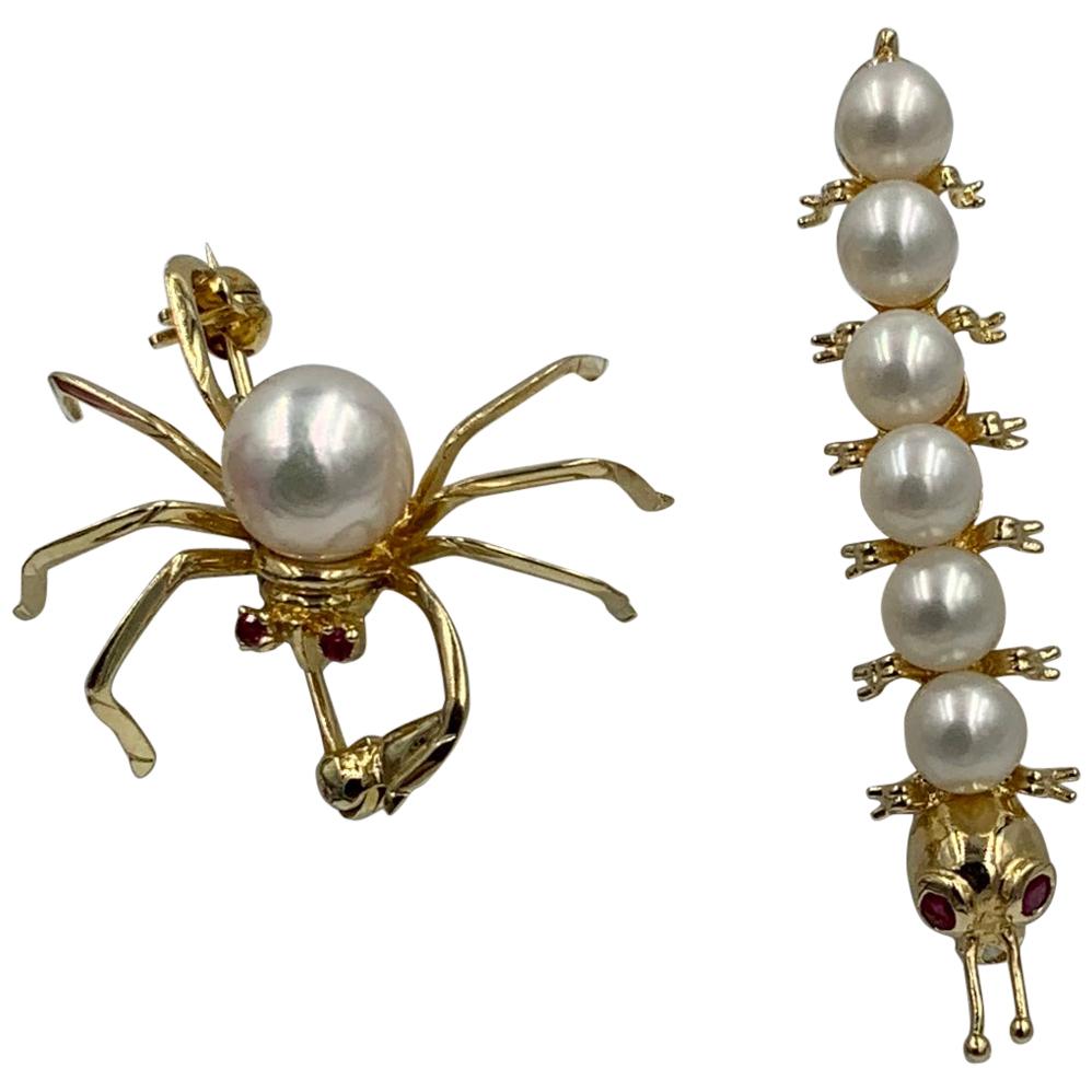 Spider and Caterpillar Insect Brooch Pair of Pearl Ruby 14 Karat Gold Retro Pins