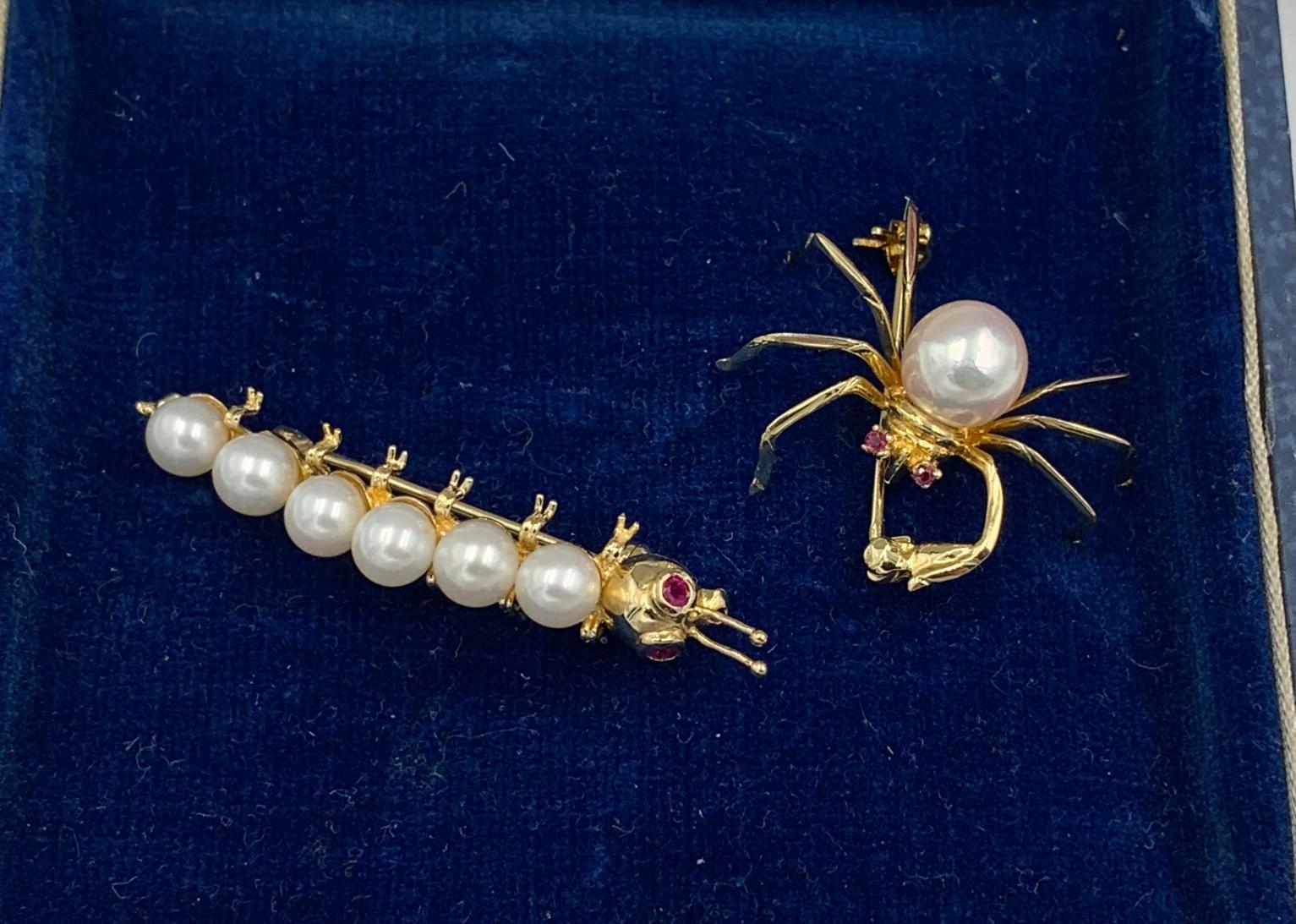Contemporary Spider and Caterpillar Insect Brooch Pair of Pearl Ruby 14 Karat Gold Retro Pins