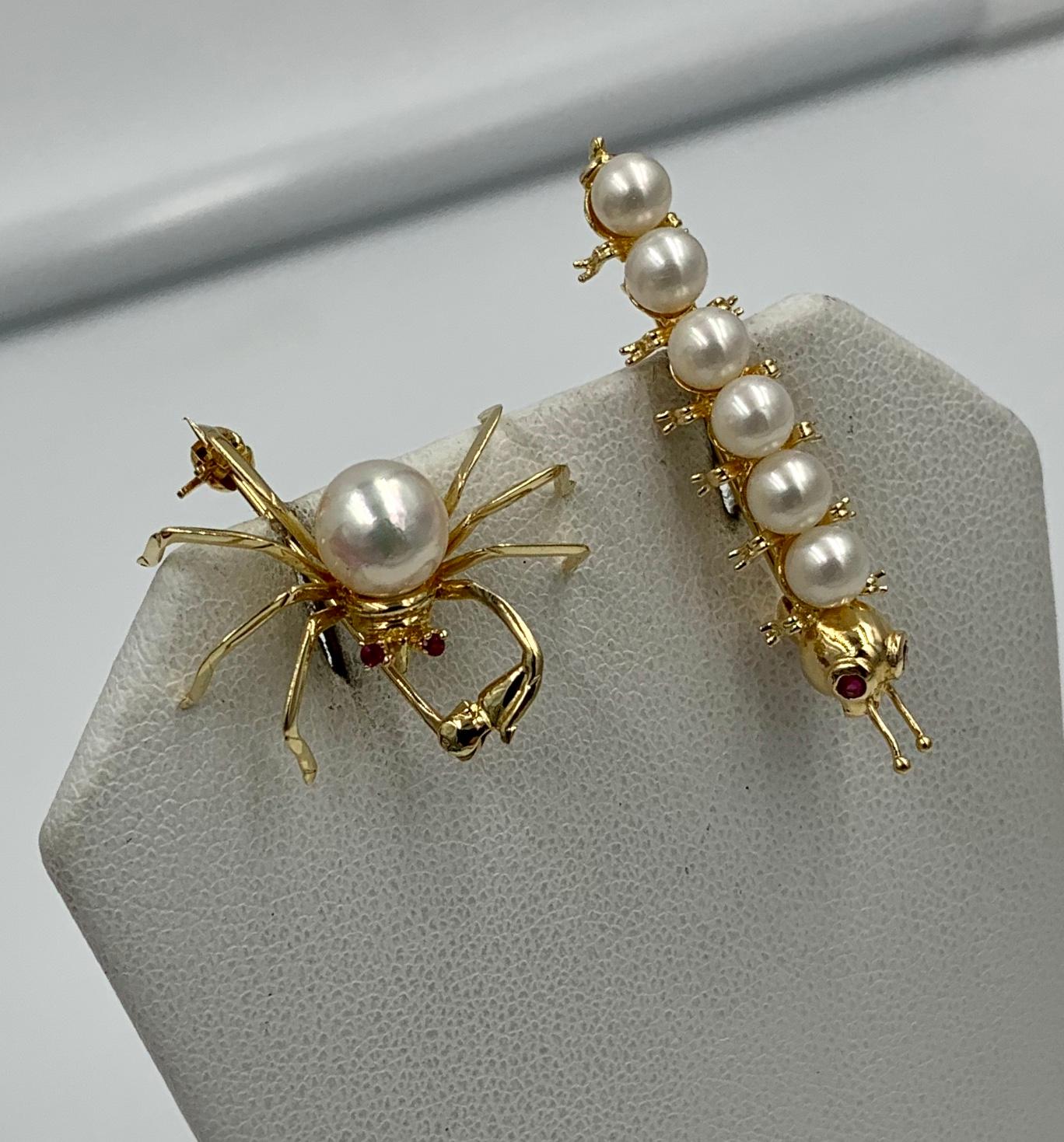 Round Cut Spider and Caterpillar Insect Brooch Pair of Pearl Ruby 14 Karat Gold Retro Pins
