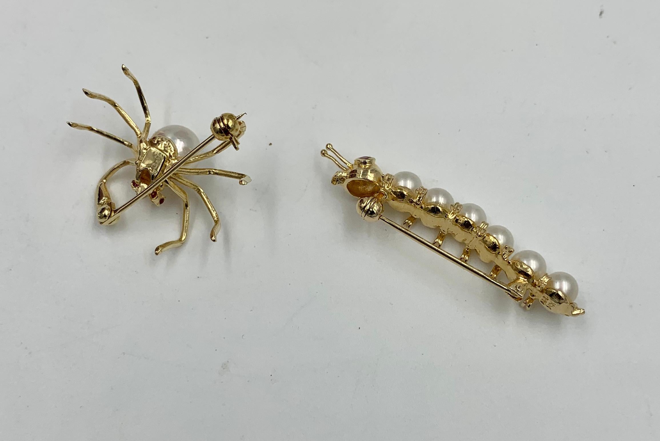 Spider and Caterpillar Insect Brooch Pair of Pearl Ruby 14 Karat Gold Retro Pins In Good Condition In New York, NY