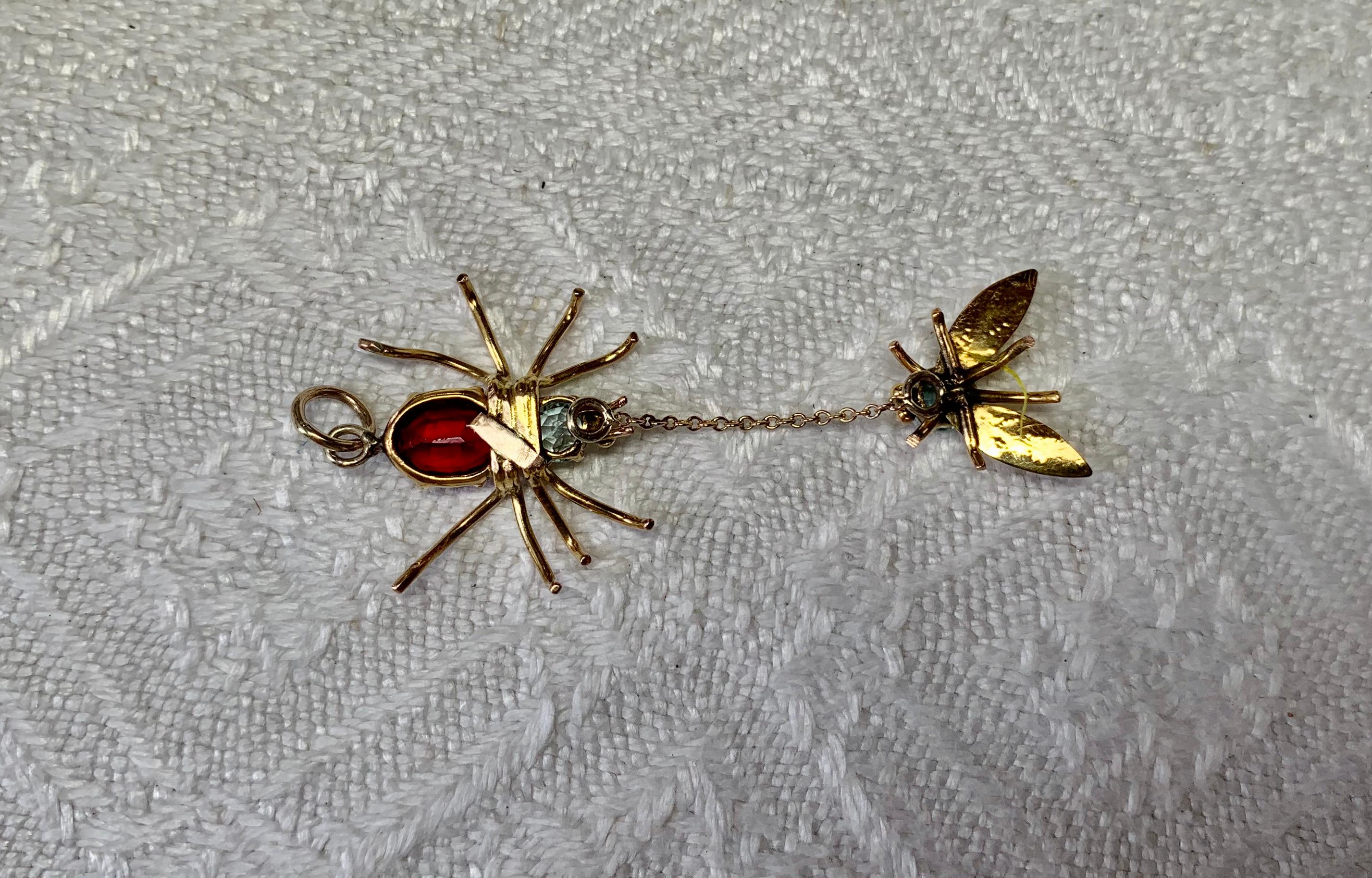 Spider and Fly Insect Pendant Necklace Aquamarine Garnet Gold Antique Art Deco 2