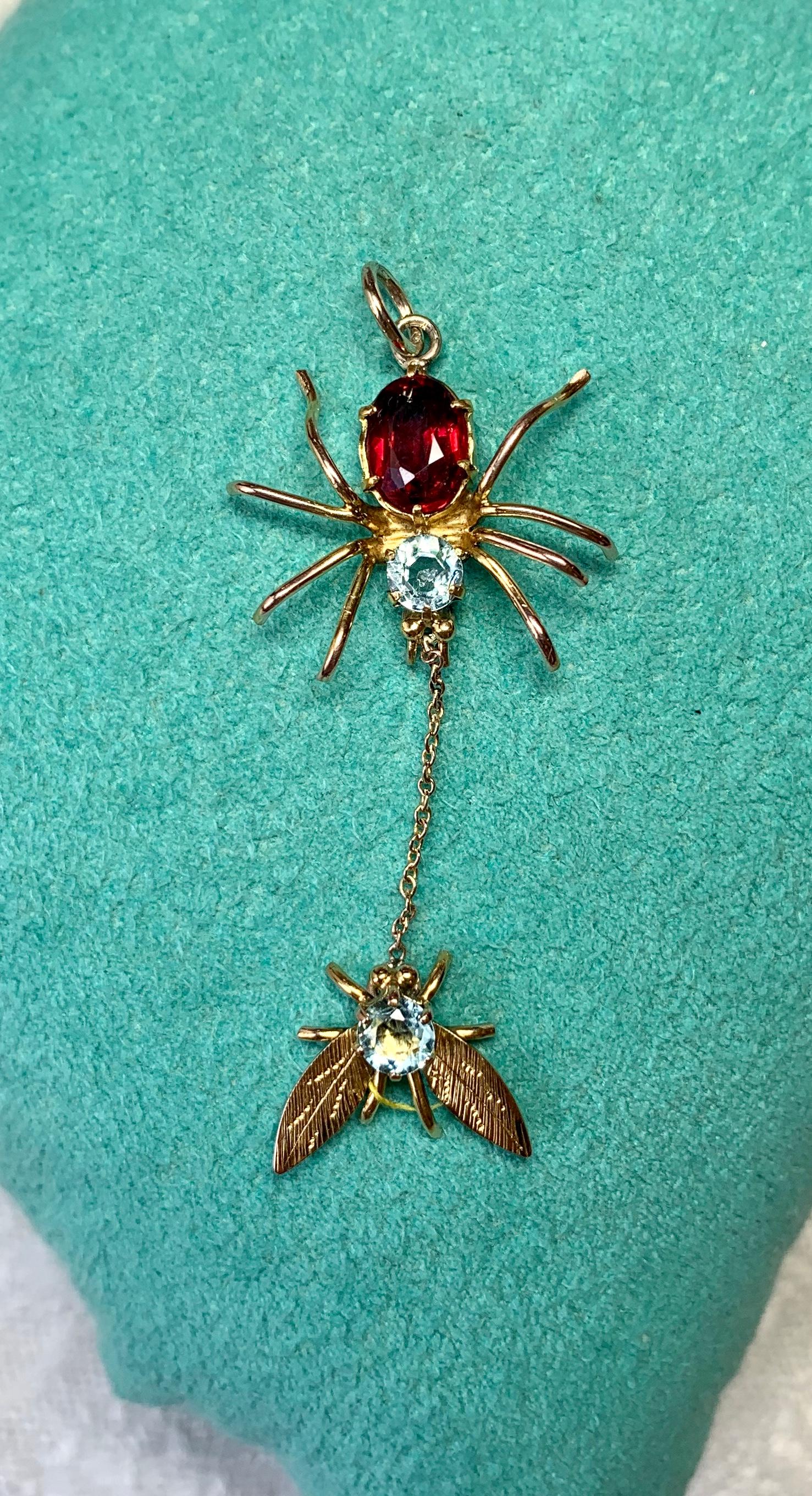 Spider and Fly Insect Pendant Necklace Aquamarine Garnet Gold Antique Art Deco 3