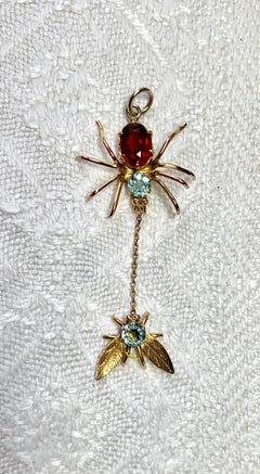 Spider and Fly Insect Pendant Necklace Aquamarine Garnet Gold Antique Art Deco