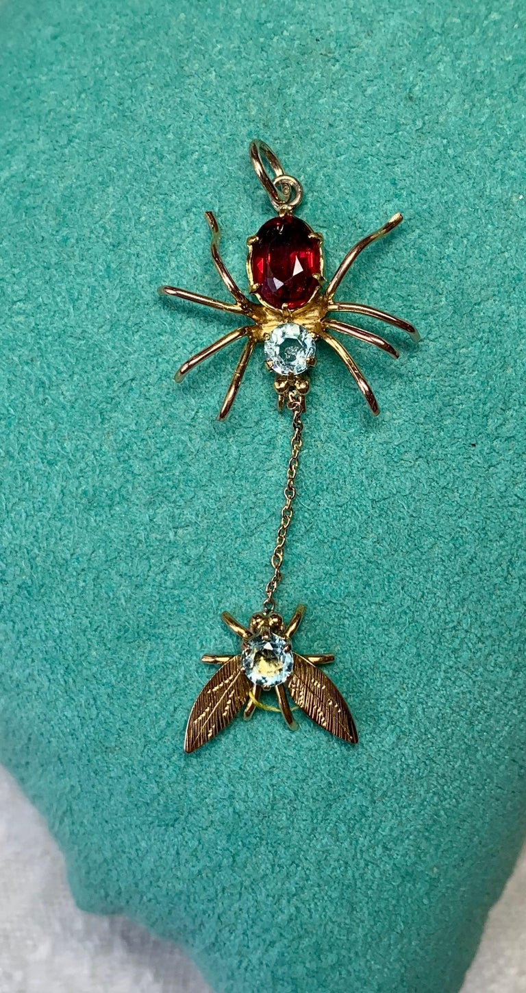 Flying Insect Pendent Spider and Fly Insect Pendant Necklace Aquamarine Garnet Gold Antique ...