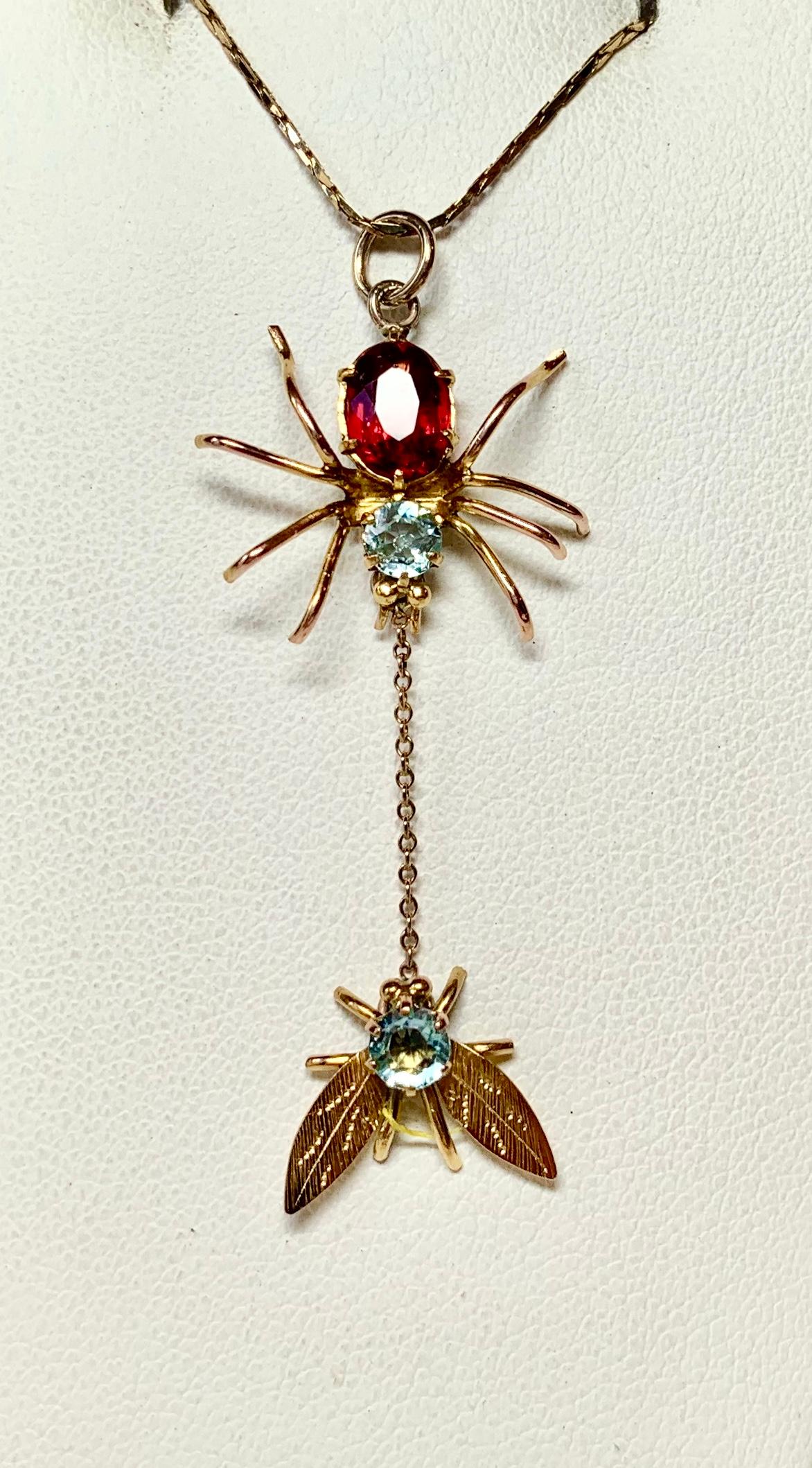 Round Cut Spider and Fly Insect Pendant Necklace Aquamarine Garnet Gold Antique Art Deco
