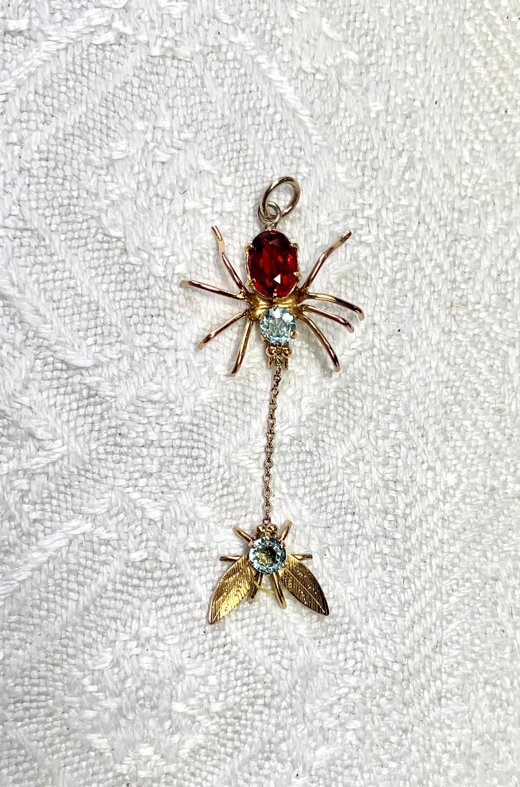 Women's Spider and Fly Insect Pendant Necklace Aquamarine Garnet Gold Antique Art Deco