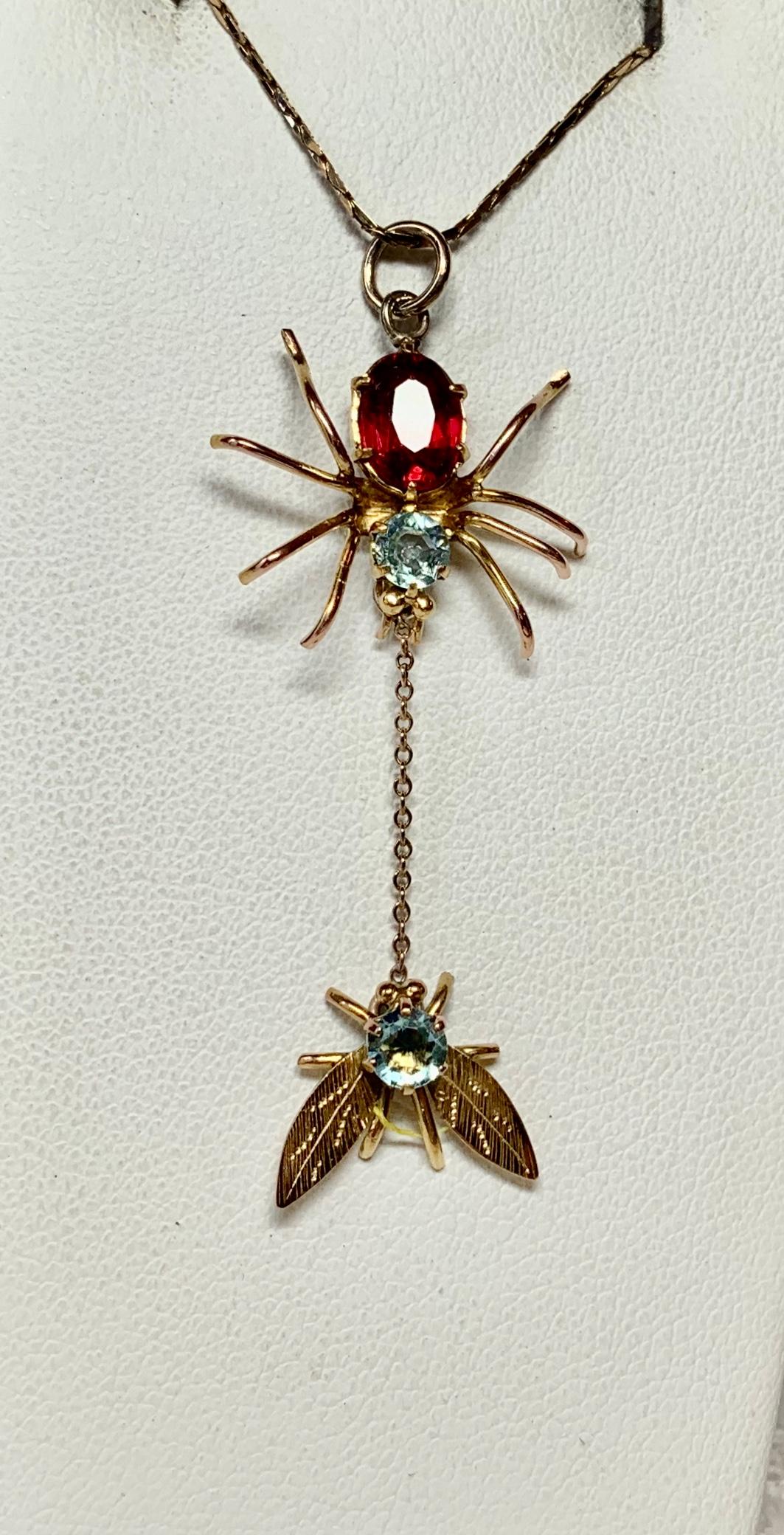 Spider and Fly Insect Pendant Necklace Aquamarine Garnet Gold Antique Art Deco 1
