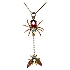 Spider and Fly Insect Pendant Necklace Aquamarine Garnet Gold Antique Art Deco
