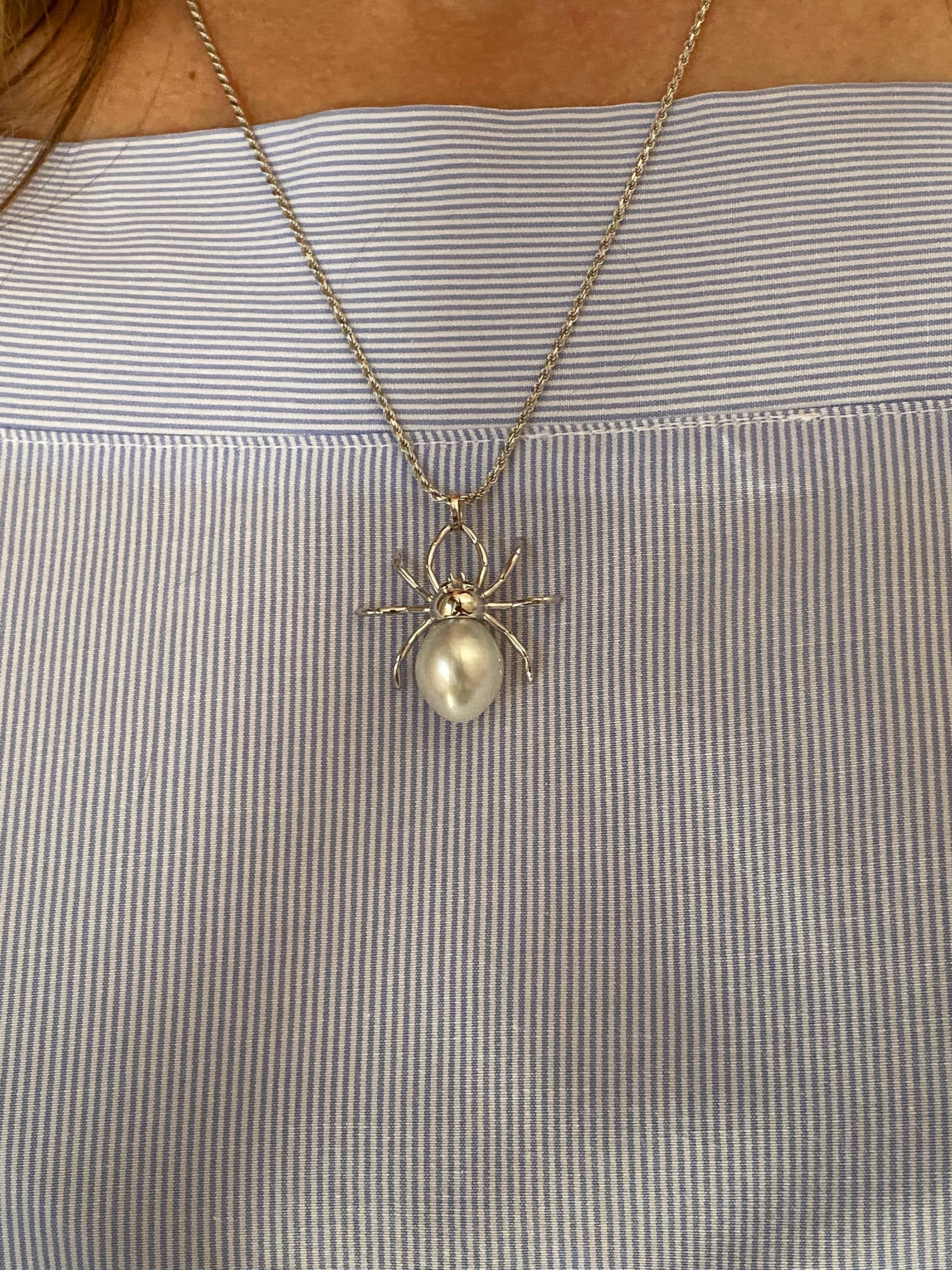 Women's Spider Black Diamond Australian Pearl White 18Kt Gold Pendant or Necklace For Sale