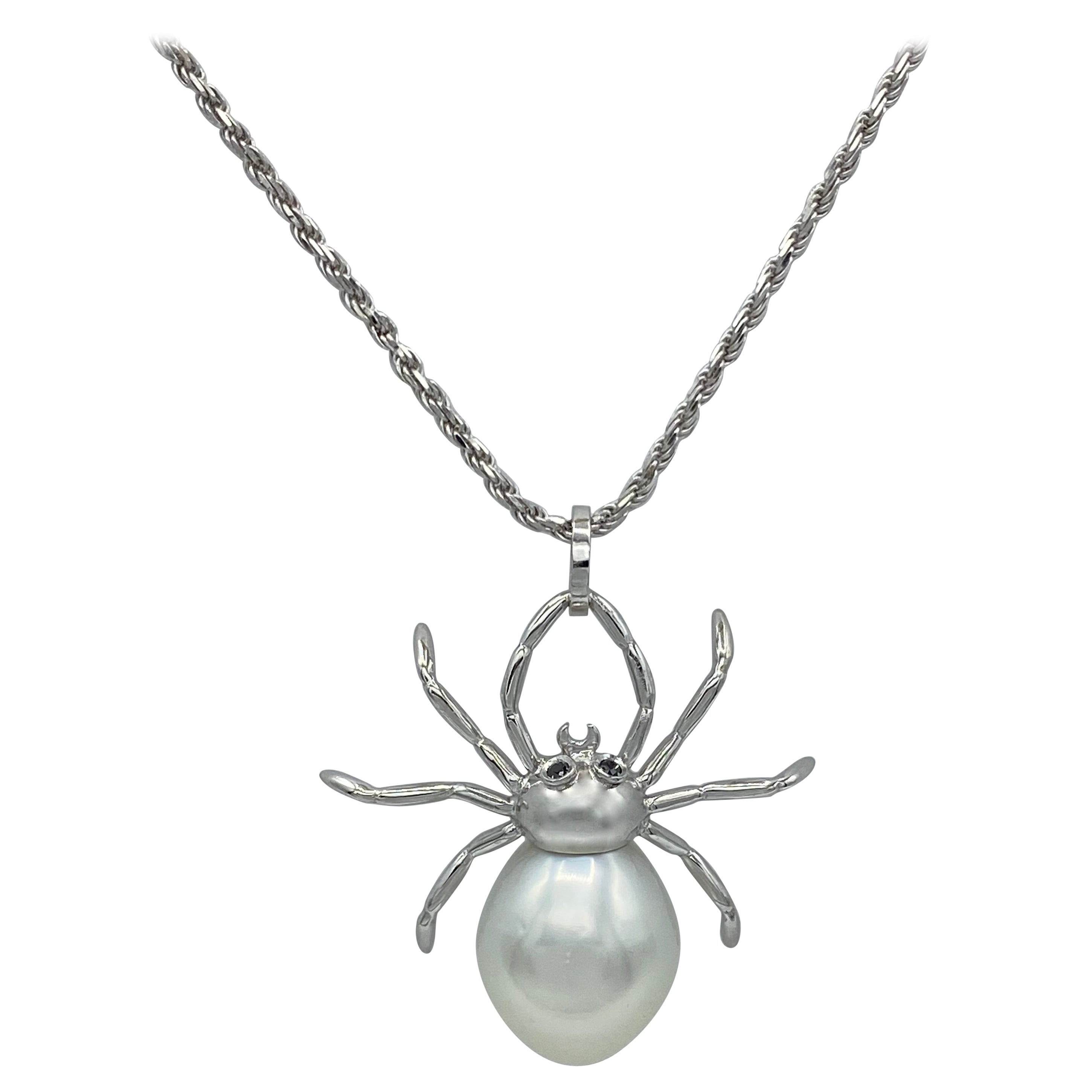 Ciondolo o collana Spider Black Diamond Australian Pearl White in oro 18Kt