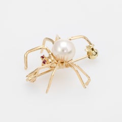 Spider Brooch Pendant Ruby Eyes Cultured Pearl Vintage 14k Yellow Gold