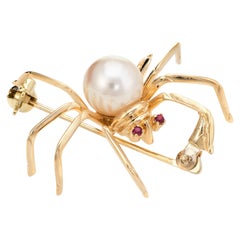 Spider Brooch Pendant Ruby Eyes Cultured Pearl Vintage 14k Yellow Gold
