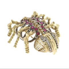 Spider Diamonds Rubies 14 Karat Yellow Gold Brooch