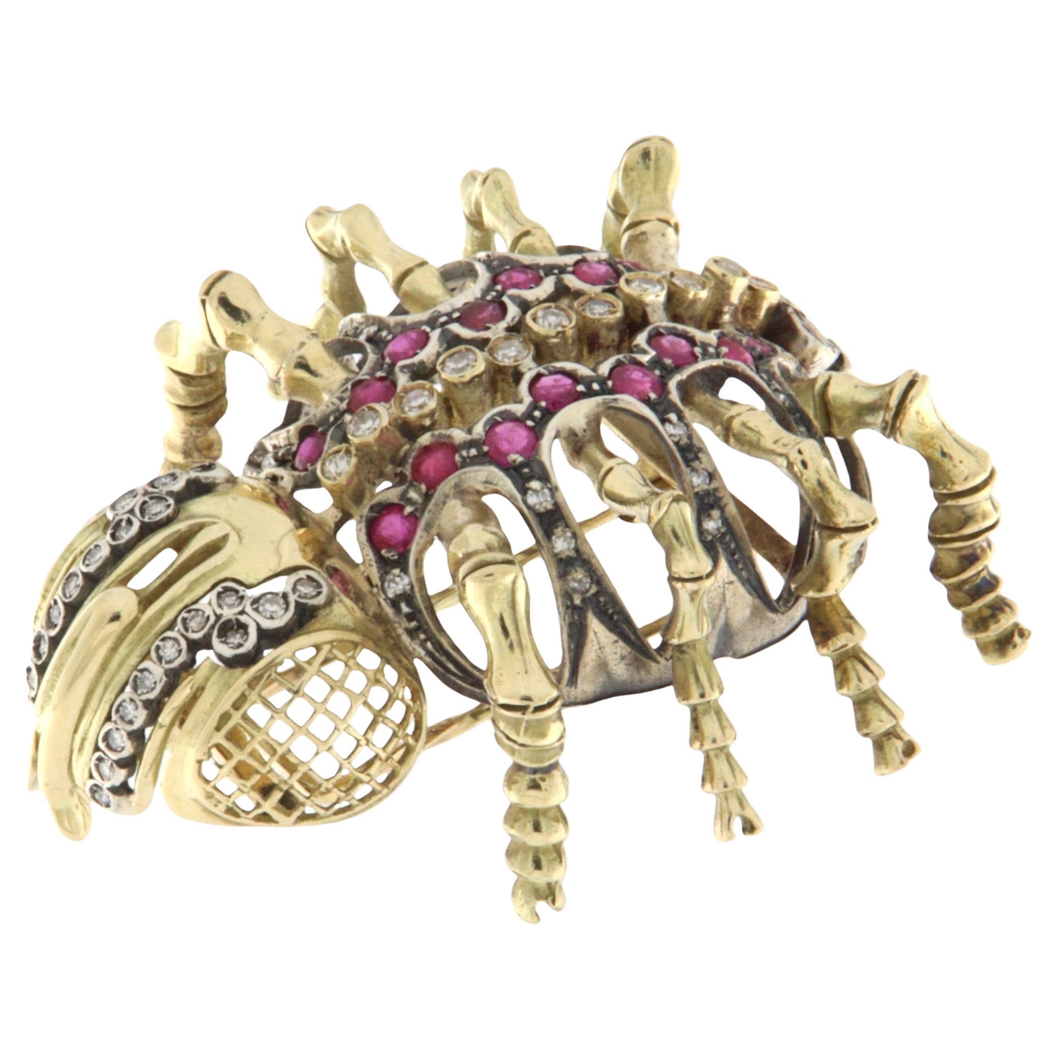 Broche Araña Diamantes Rubíes Oro Amarillo 14 Kilates