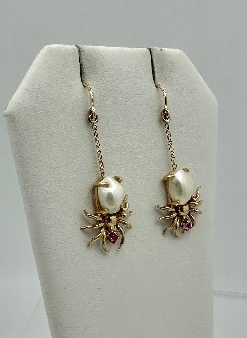 Art Deco Spider Earrings Pearl Ruby Insect Bug Dangle Drop Earrings Antique Gold For Sale