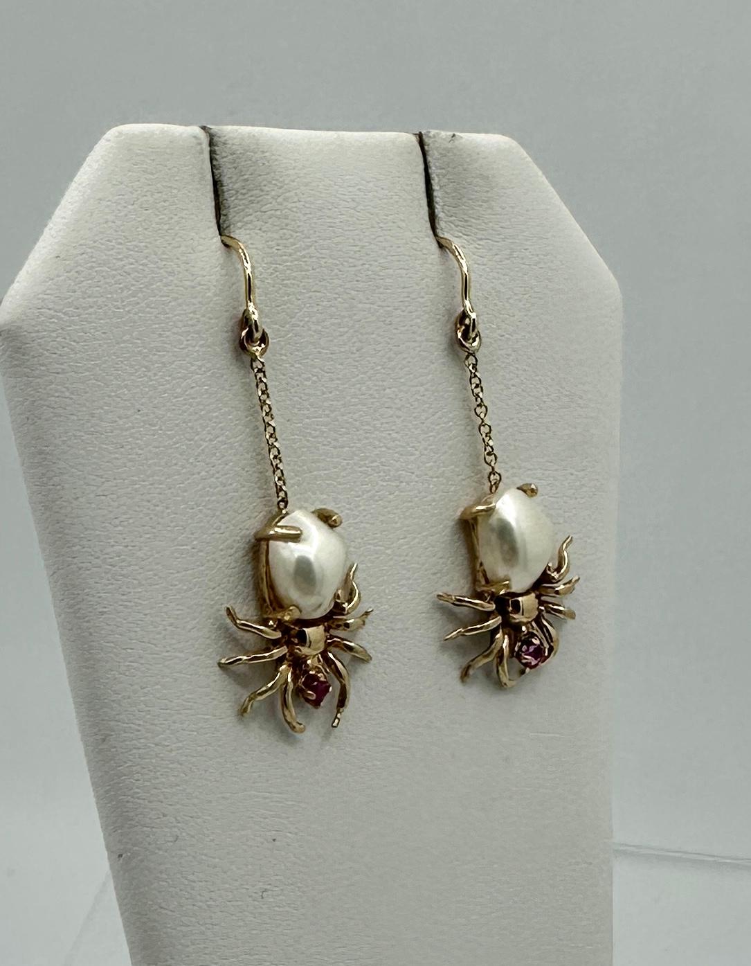 Round Cut Spider Earrings Pearl Ruby Insect Bug Dangle Drop Earrings Antique Gold For Sale