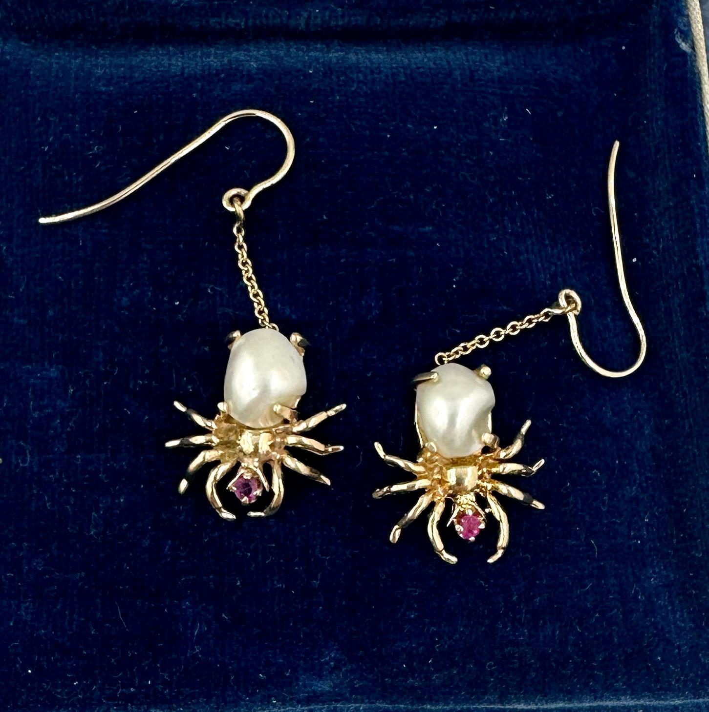 Women's or Men's Spider Earrings Pearl Ruby Insect Bug Dangle Drop Earrings Antique Gold For Sale