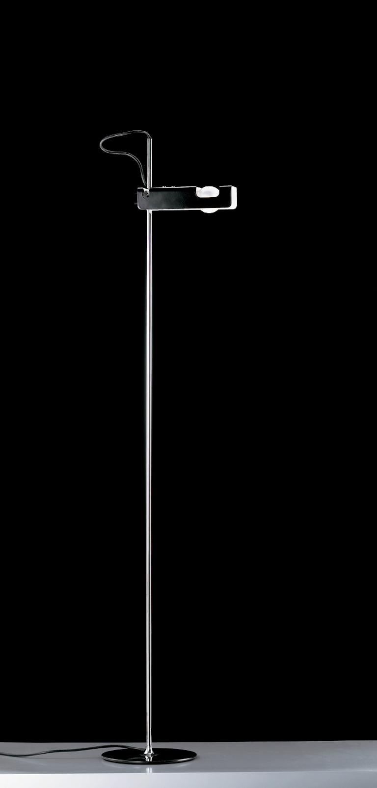 Floor lamp giving direct light. Lacquered metal base, chromium-plated stem, adjustable reflector in lacquered aluminum. Current production originally designed by Joe Colombo for O-Luce in 1965. The Spider won the Compasso d'Oro award in 1967 and is