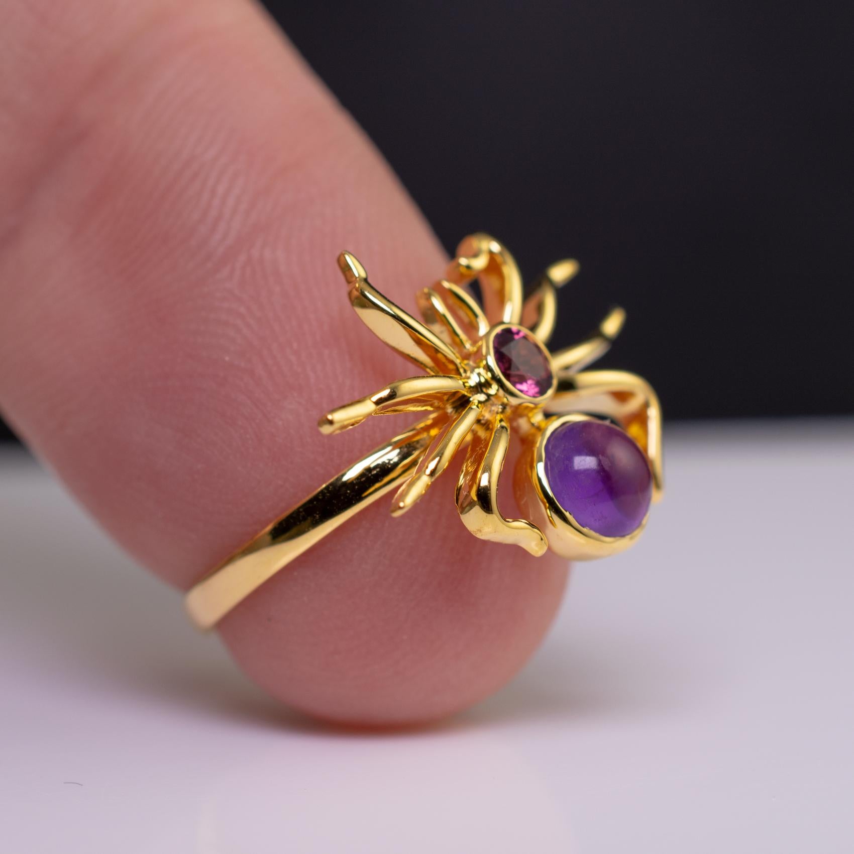 Artisan Spider Insect Ring 18 Karat Yellow Gold Pink Tourmaline and Amethyst