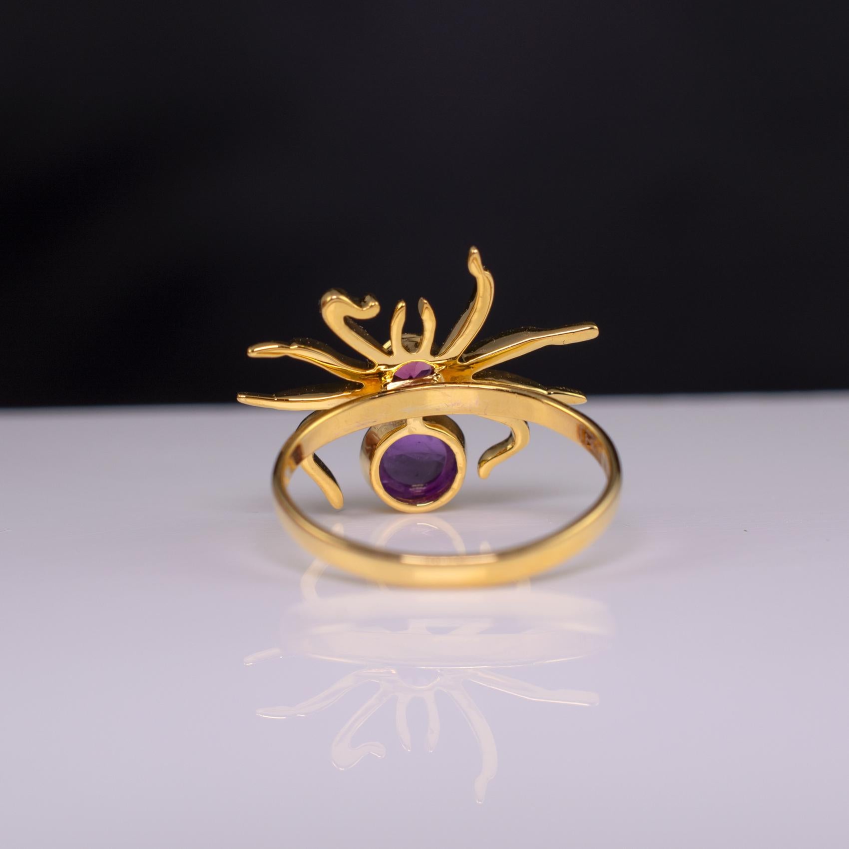 Spider Insect Ring 18 Karat Yellow Gold Pink Tourmaline and Amethyst In New Condition In Preston, Lancashire