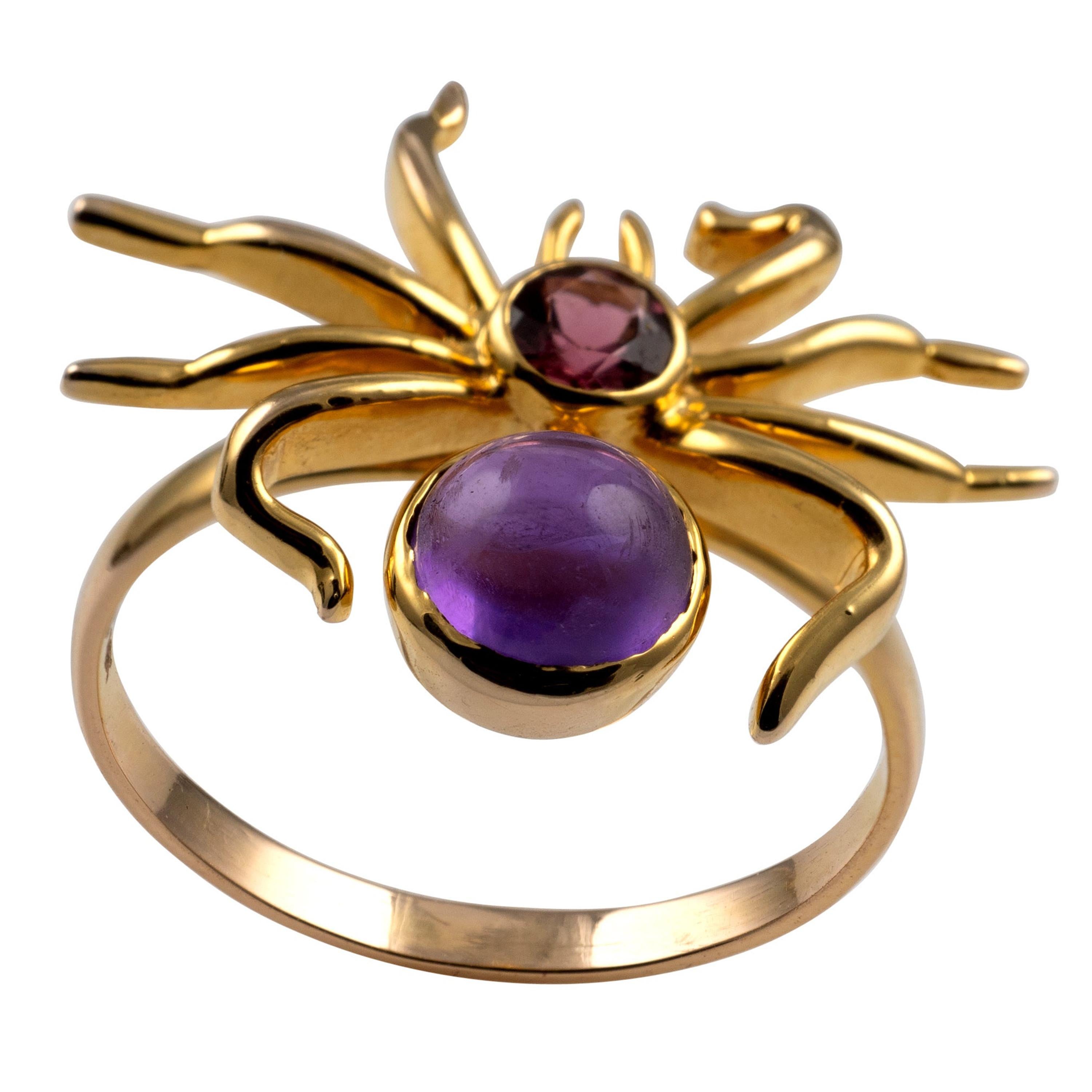 Spider Insect Ring 18 Karat Yellow Gold Pink Tourmaline and Amethyst