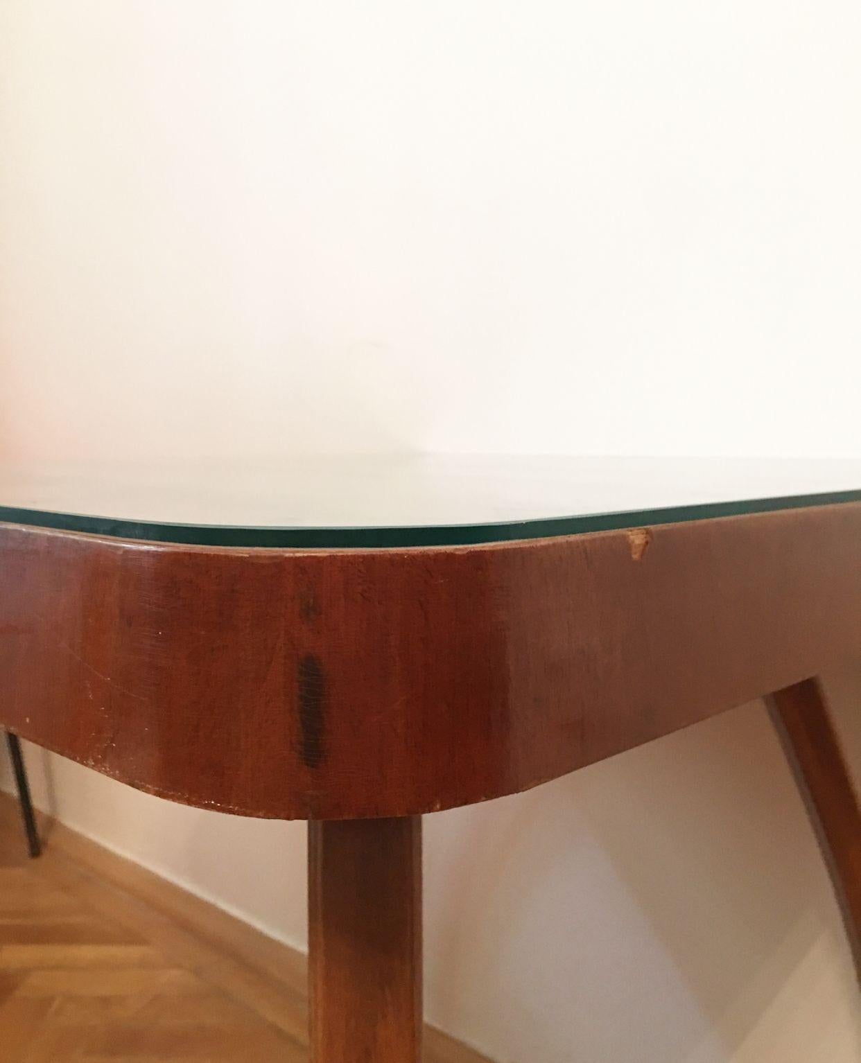 Very good condition, check photos. Wooden construction and slice of glass on the top of coffee table. Very unique piece made in 1960s in Czechoslovakia by designer Jindrich Halabala - in fabrique UP Závody Rousinov.