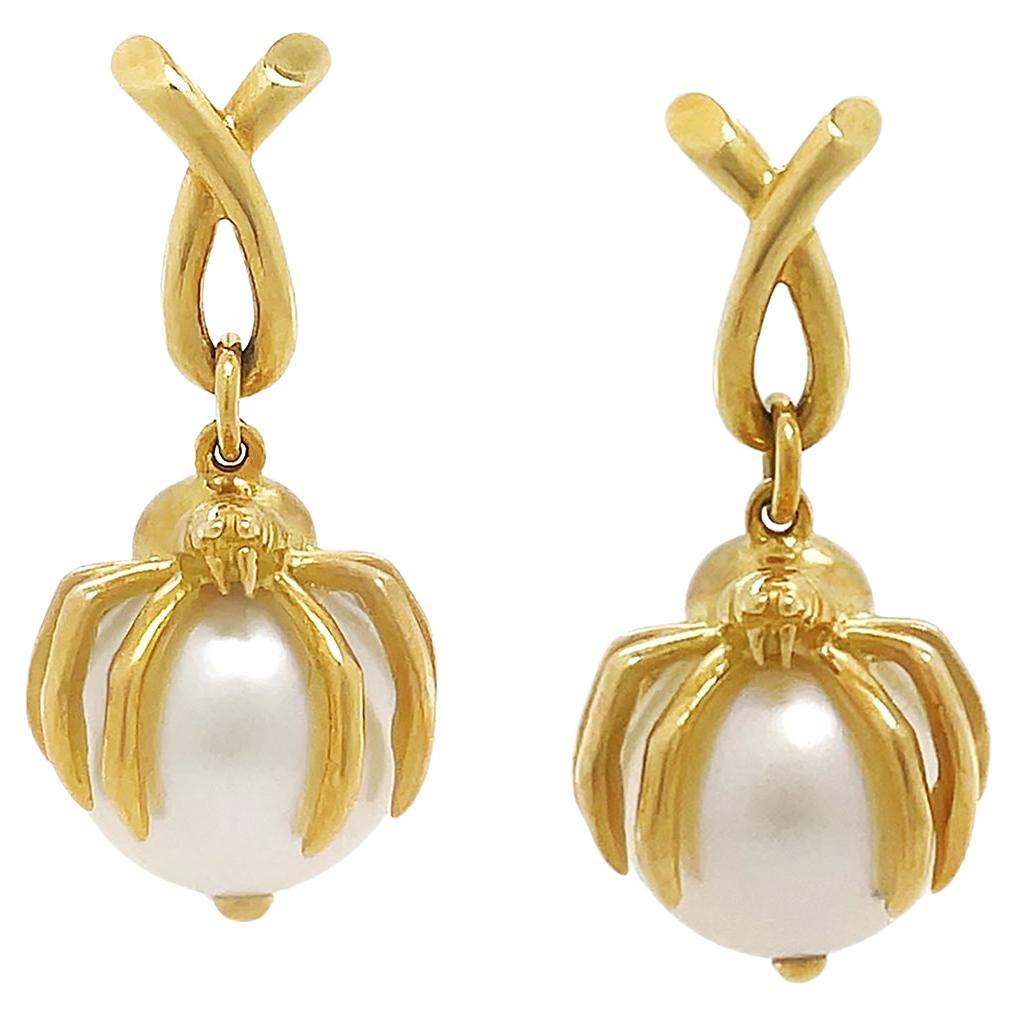 Spider South Sea Pearl Earrings in 18K Yellow Gold For Sale