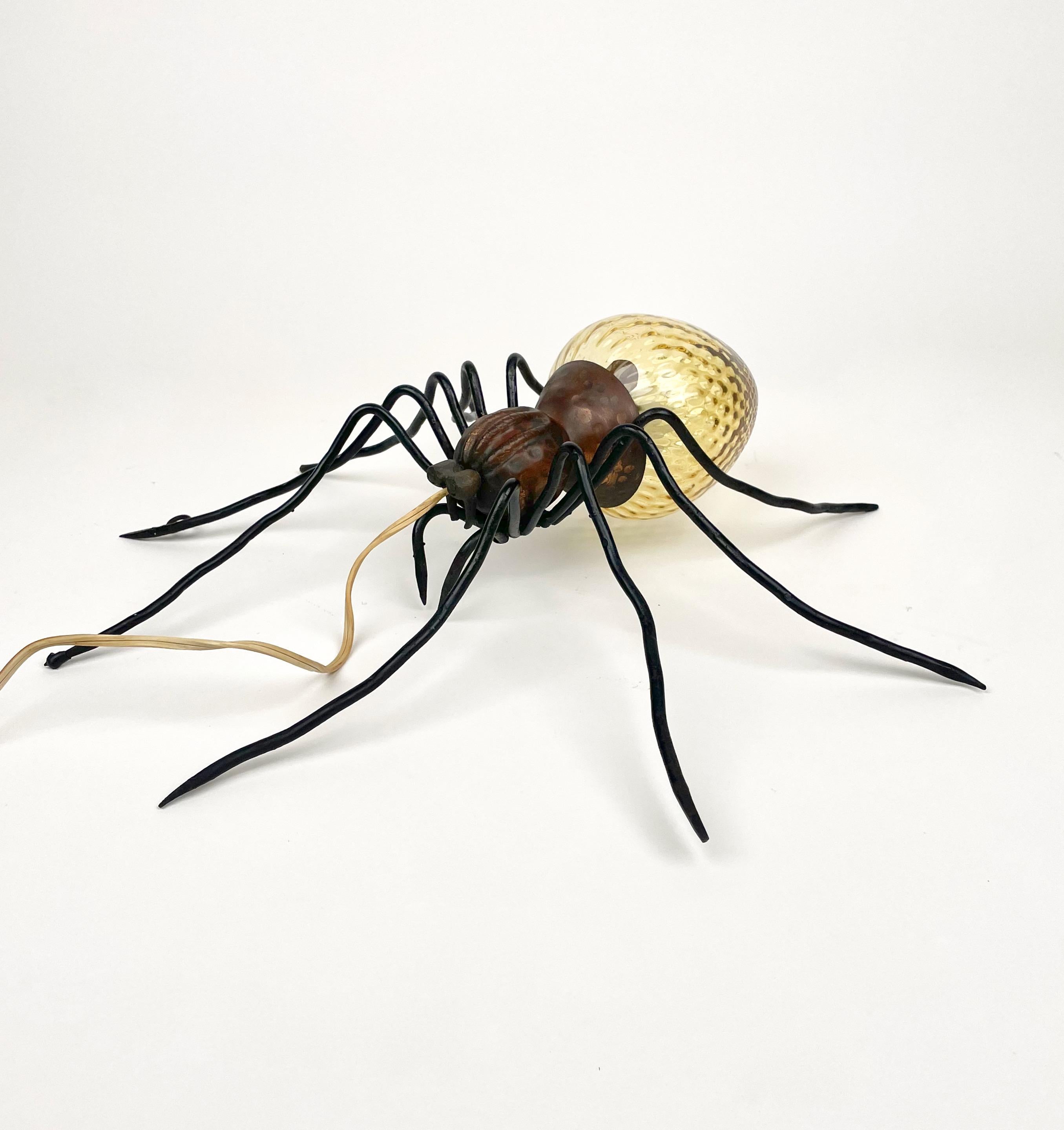 Italian Spider Wall Lamp in Copper, Iron and Art Glass Sconces, Italy 1960s For Sale