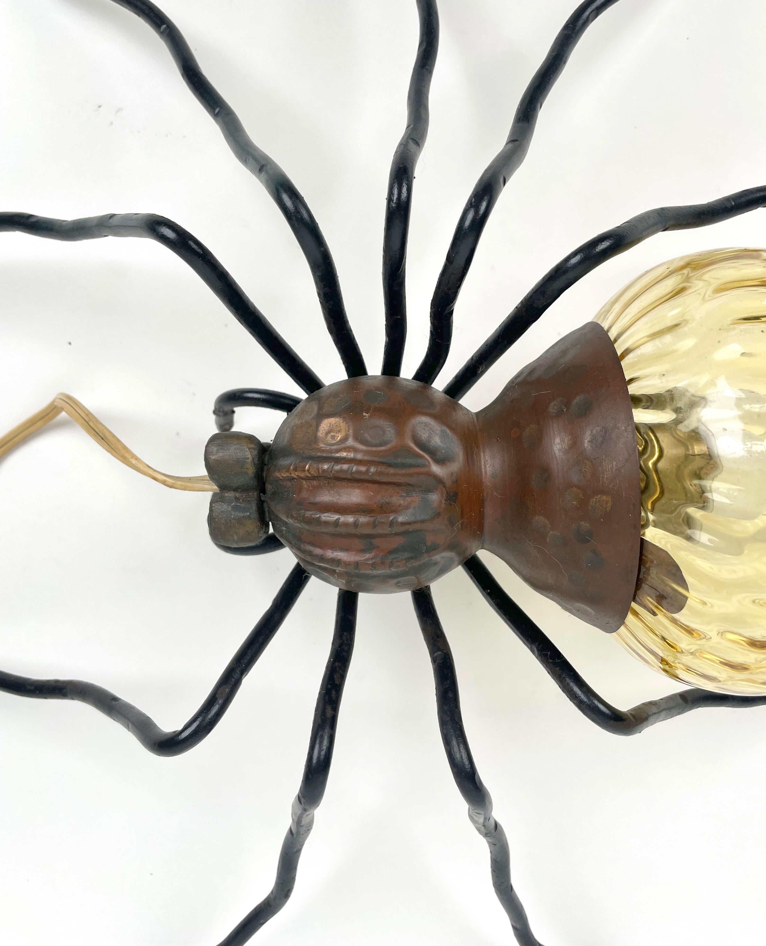 Mid-20th Century Spider Wall Lamp in Copper, Iron and Art Glass Sconces, Italy 1960s For Sale