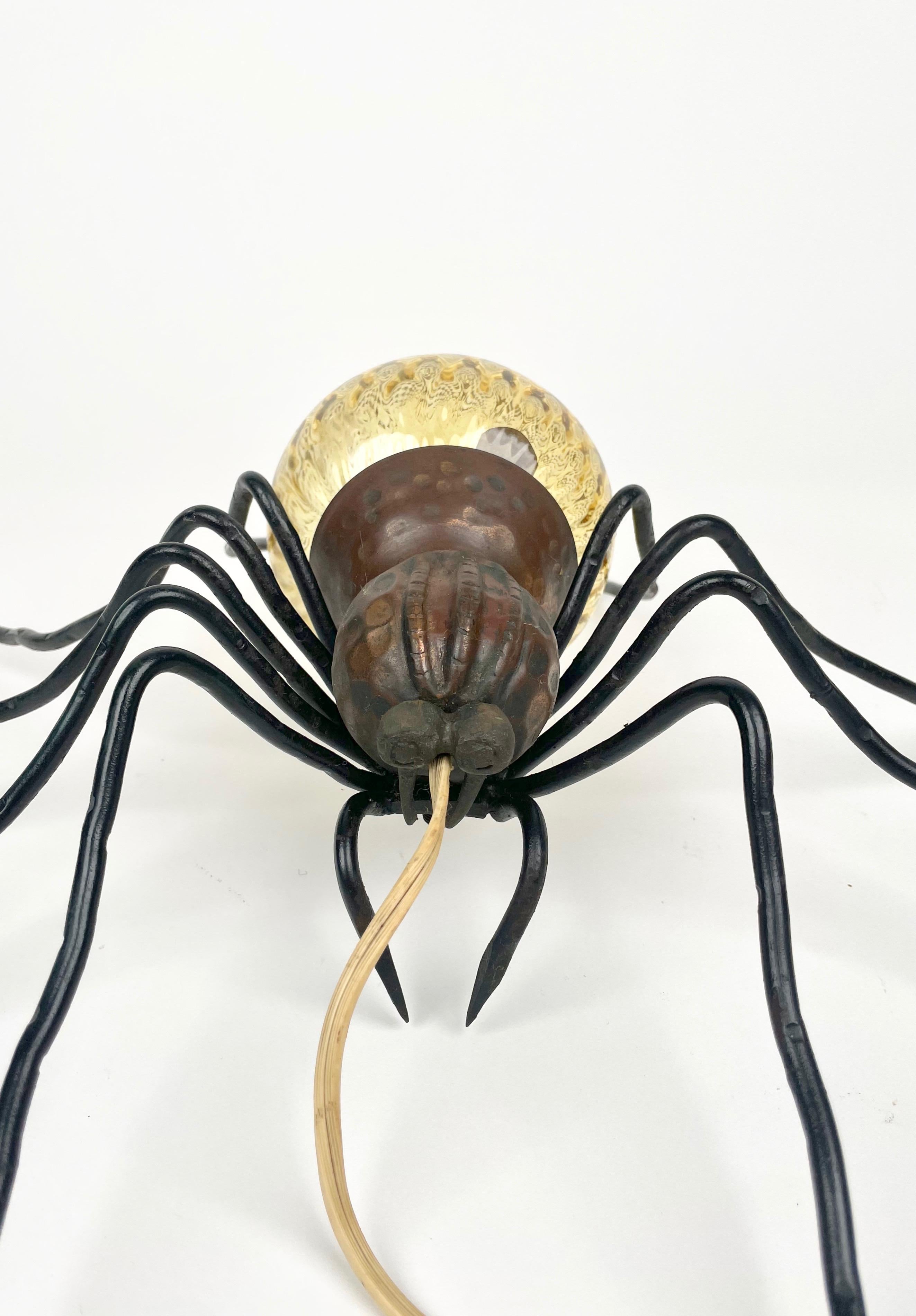 Metal Spider Wall Lamp in Copper, Iron and Art Glass Sconces, Italy 1960s For Sale