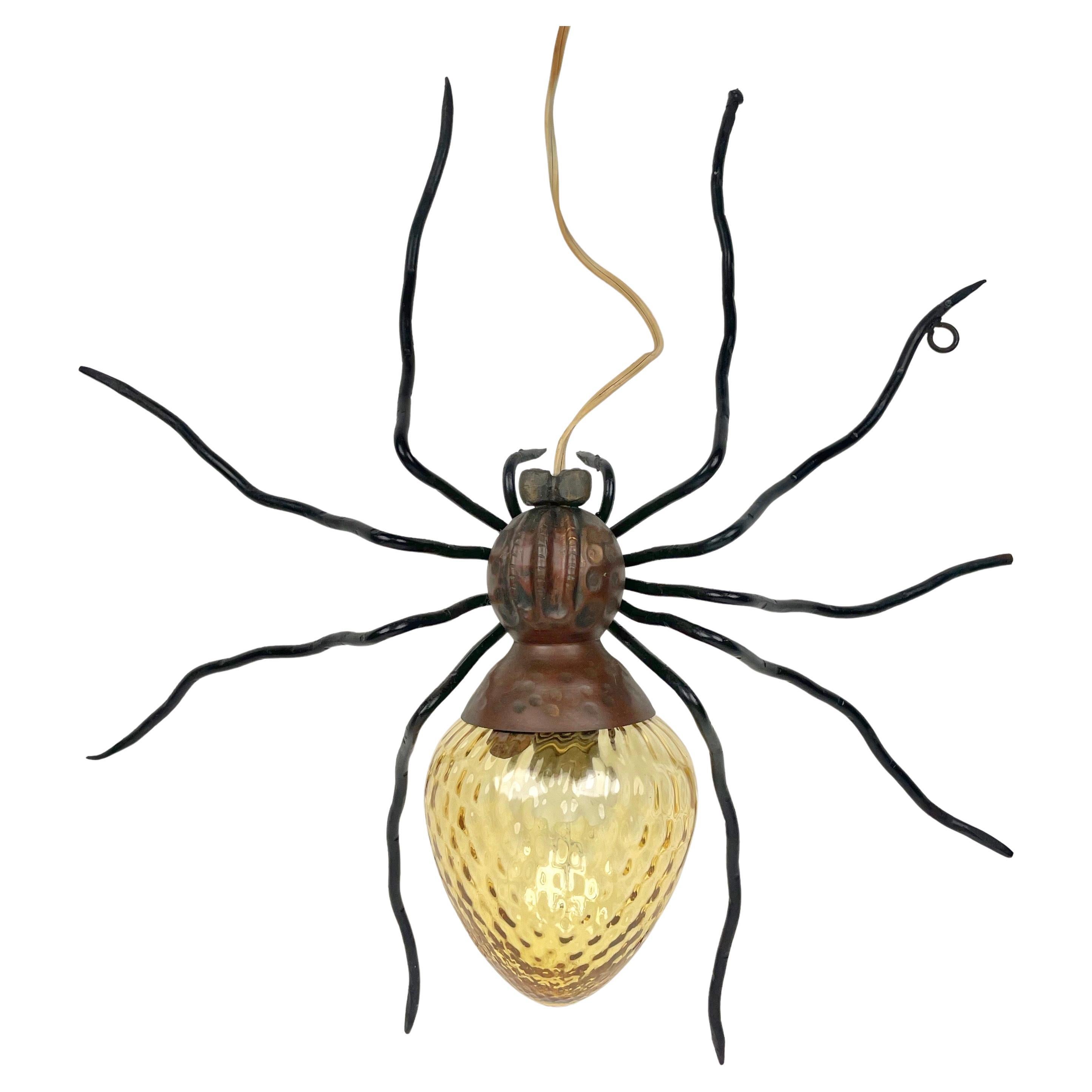 Spider Wall Lamp in Copper, Iron and Art Glass Sconces, Italy 1960s