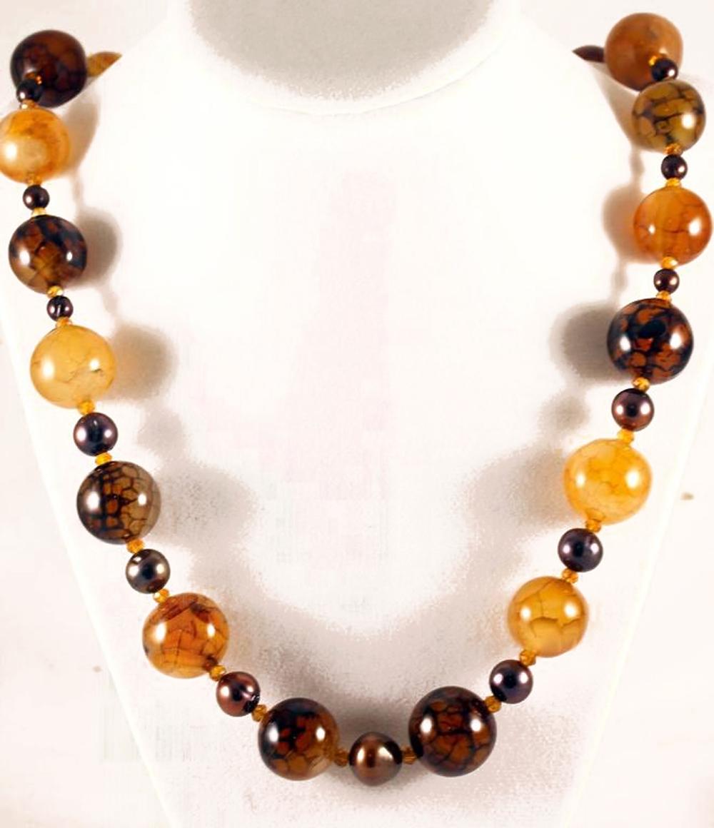 AJD Bright Glowing Rare African Spider Web Jasper & Pearls & Citrines Necklace In New Condition In Raleigh, NC