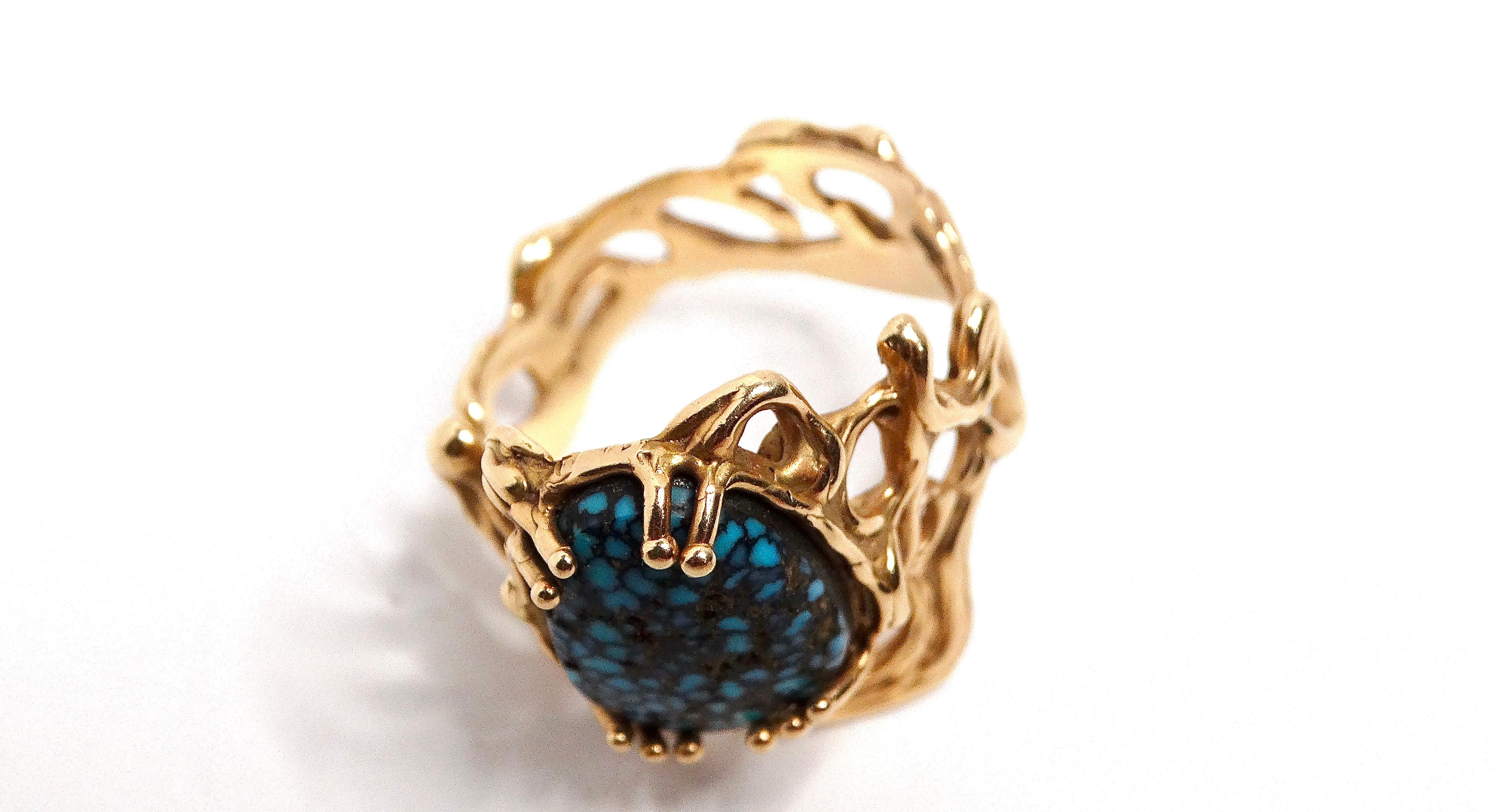 Spider Web Turquoise 14k Gold Ring For Sale 1