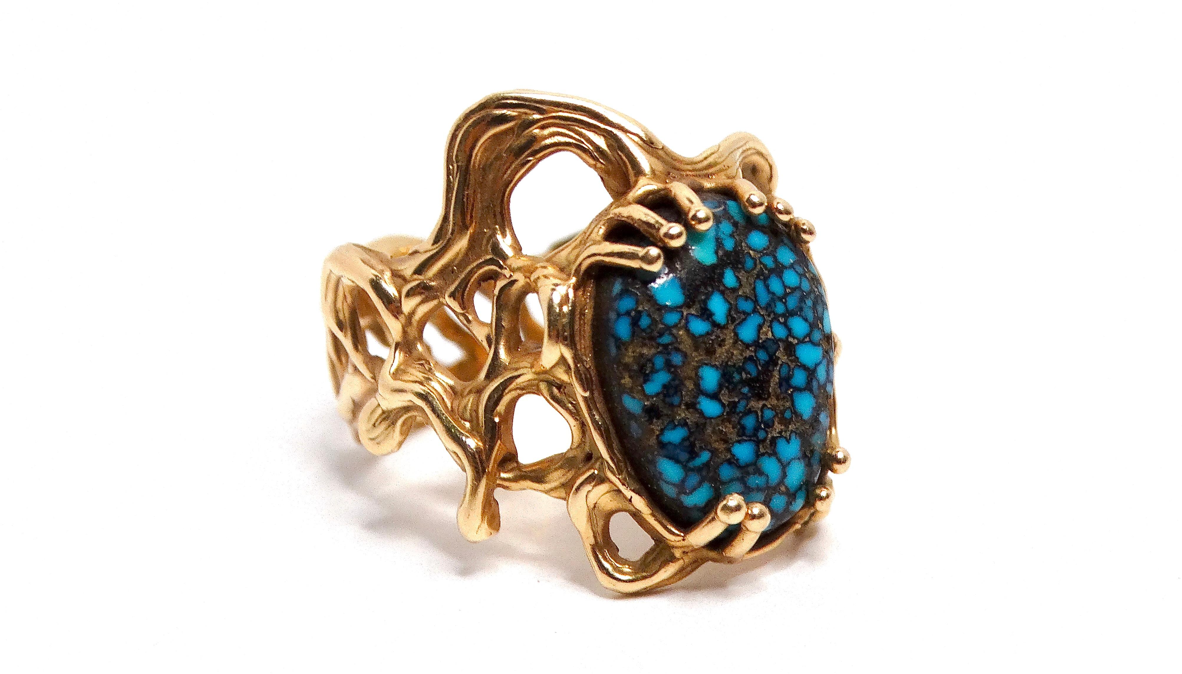 Spider Web Turquoise 14k Gold Ring For Sale 4